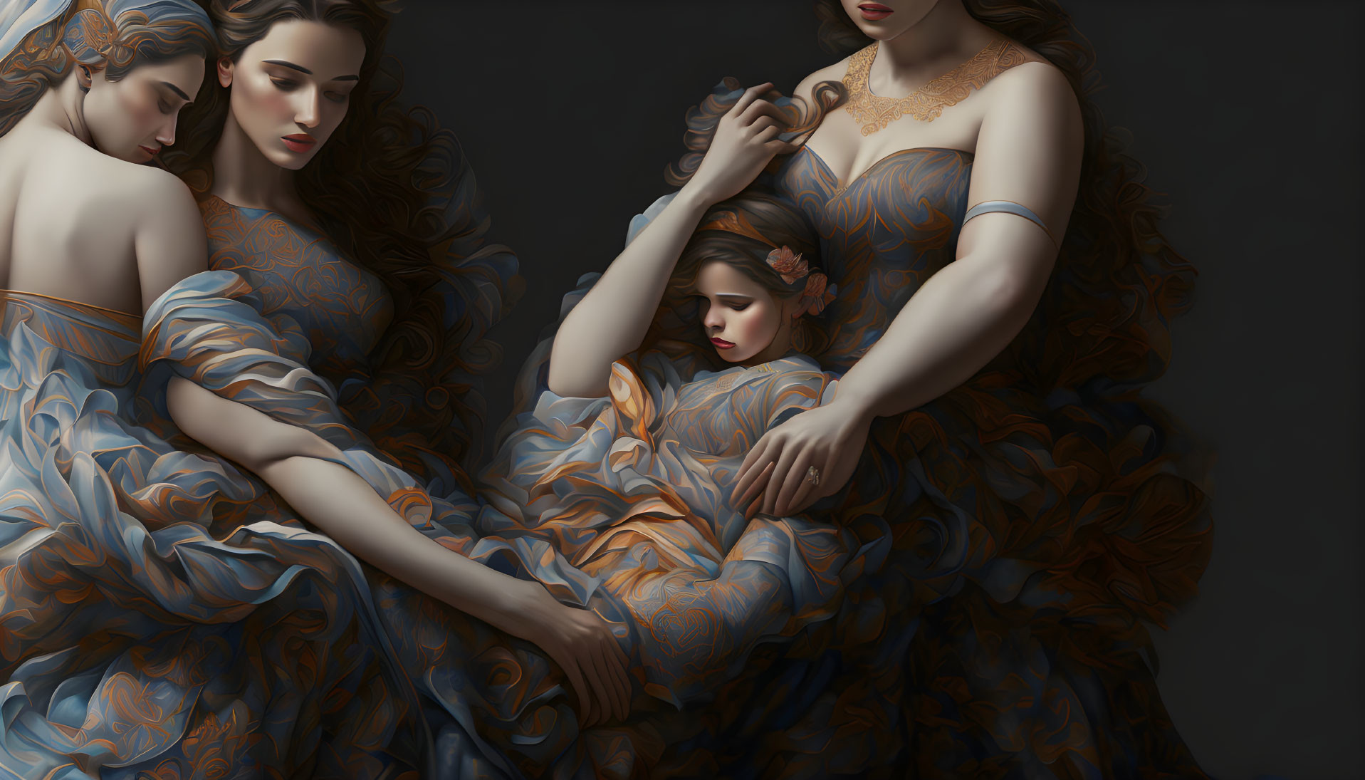 Serene classical aesthetic: Three women in ornate dresses