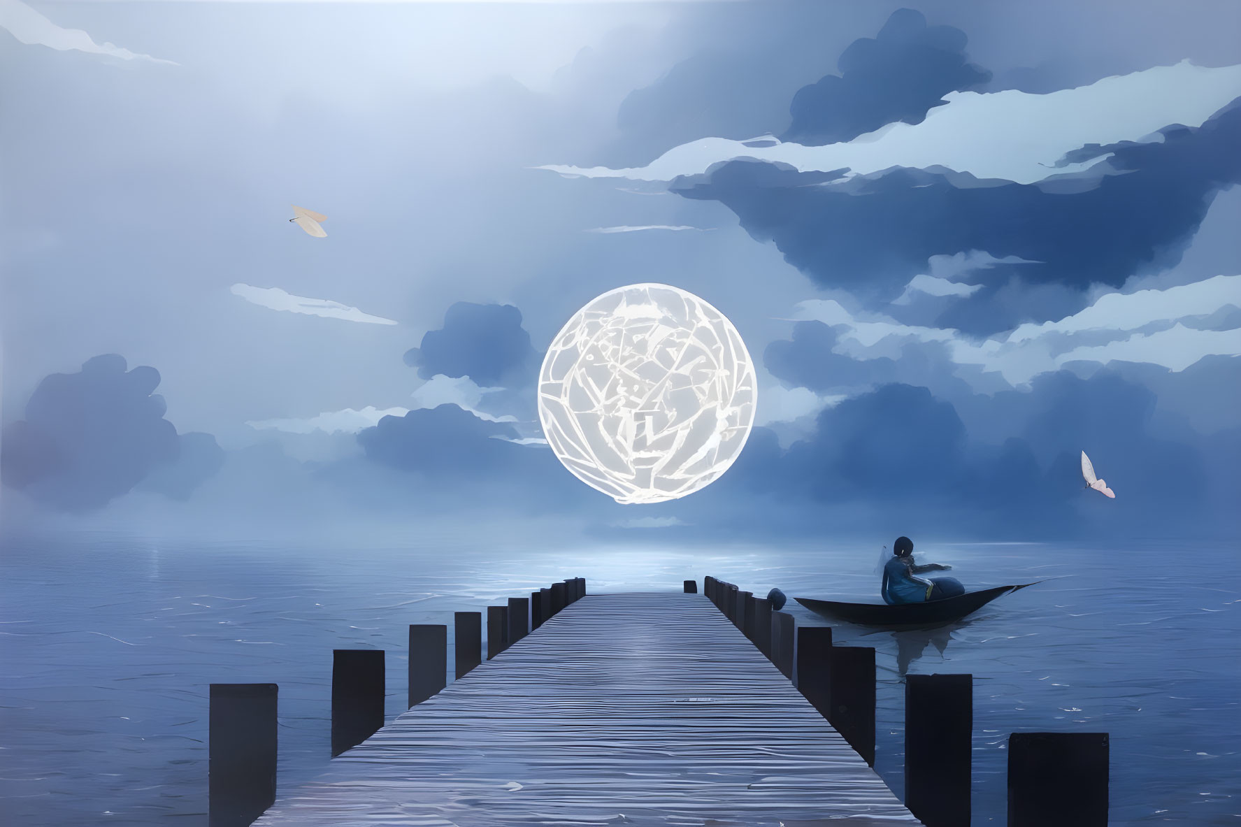 Person rowing boat near misty lake with large moon, birds, and dramatic clouds at dusk