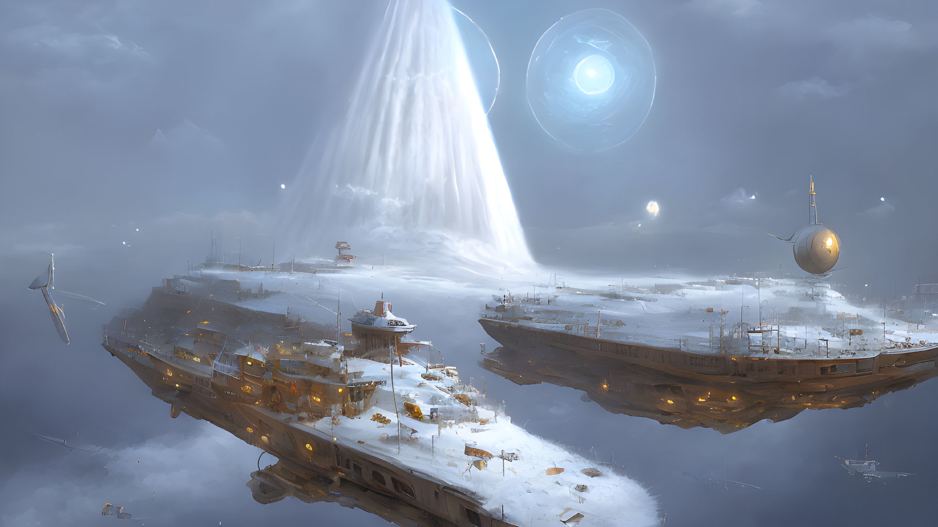 Futuristic floating city with illuminated buildings and flying crafts in space.