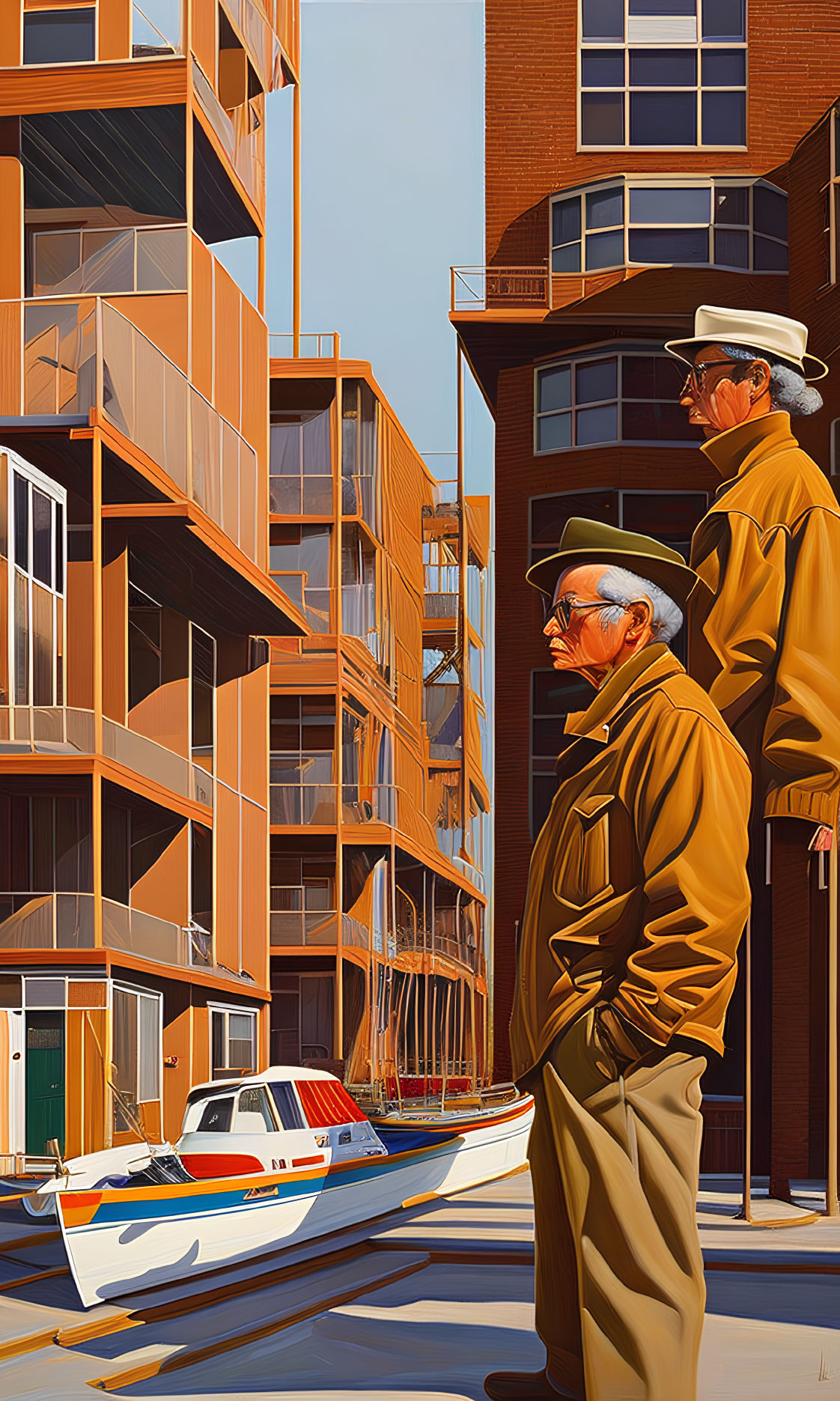 Elderly men in trench coats at marina with boats and modern buildings