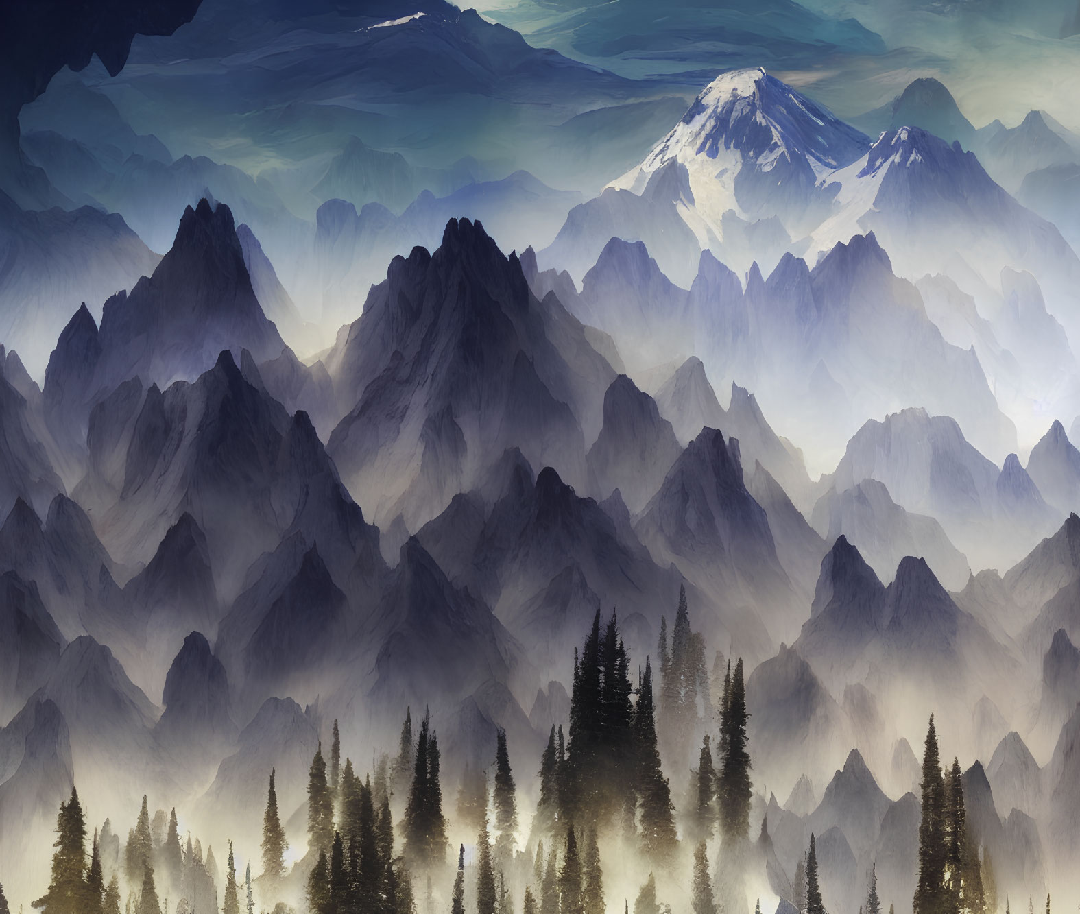 Misty Mountains with Snow-capped Peaks and Dark Forest Landscape