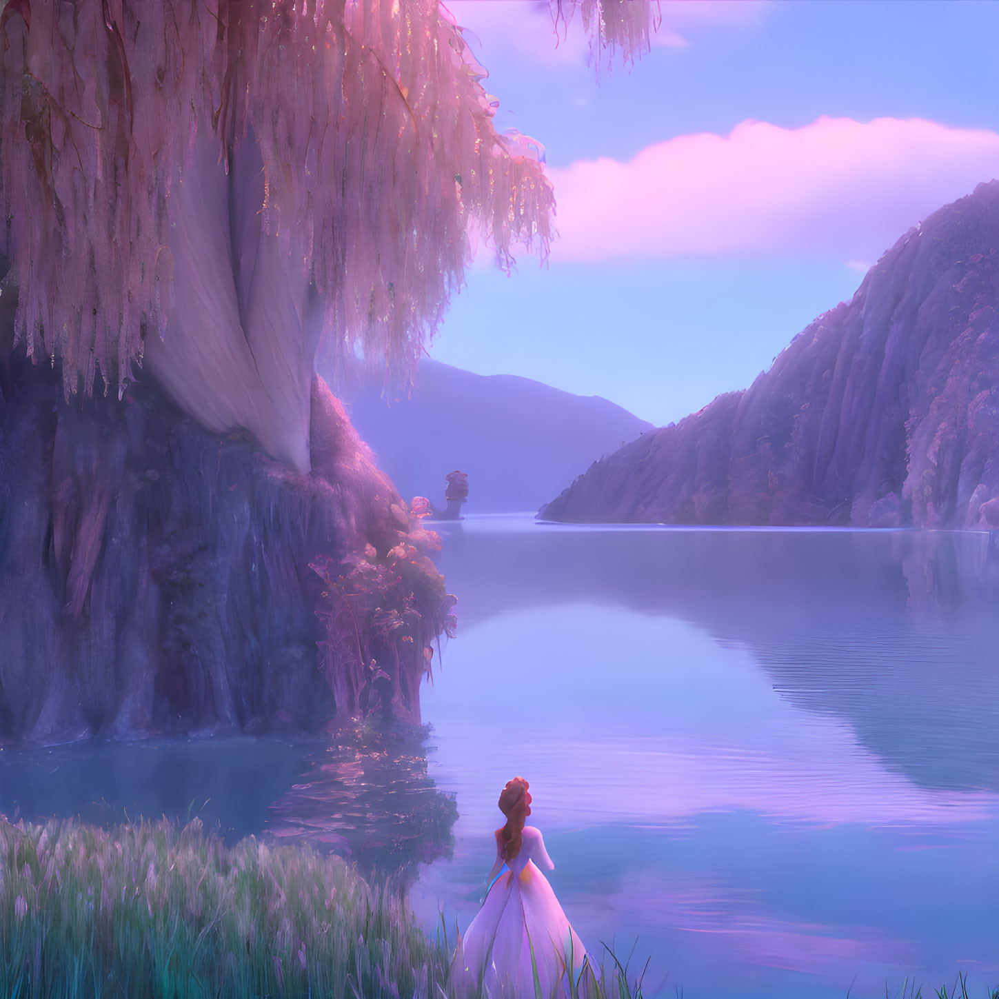 Woman in white dress by tranquil lake surrounded by pink foliage and mountains under pastel sky