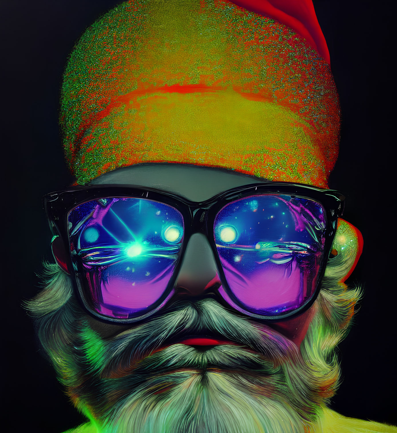 Colorful Beanie Character with Neon Glasses and Grey Beard