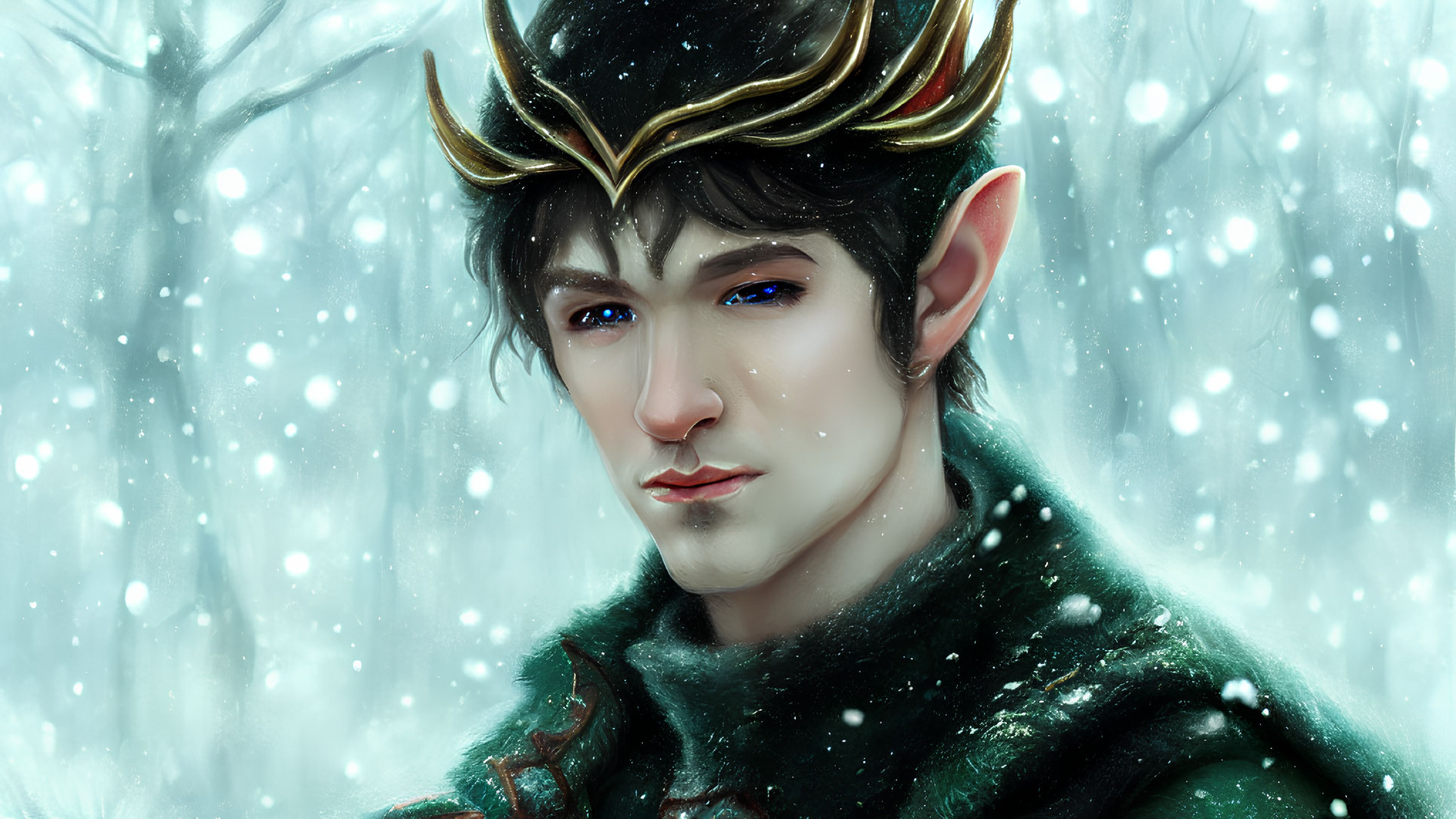 Elf with pointed ears in green cape and crown, in snowy forest