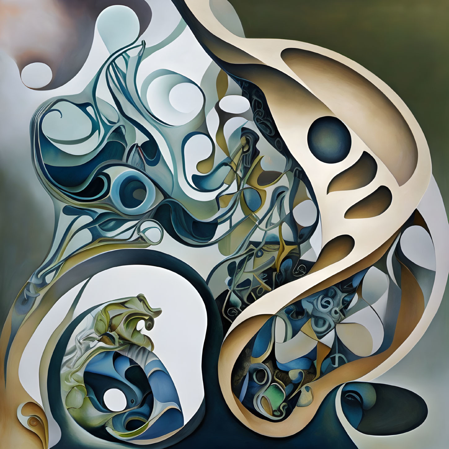 Earth-toned abstract swirls and curved shapes with hints of turquoise