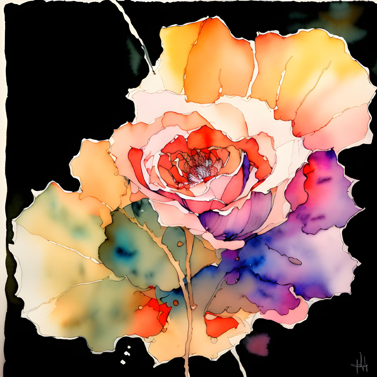 Colorful Watercolor Rose Illustration with Yellow to Red Petals