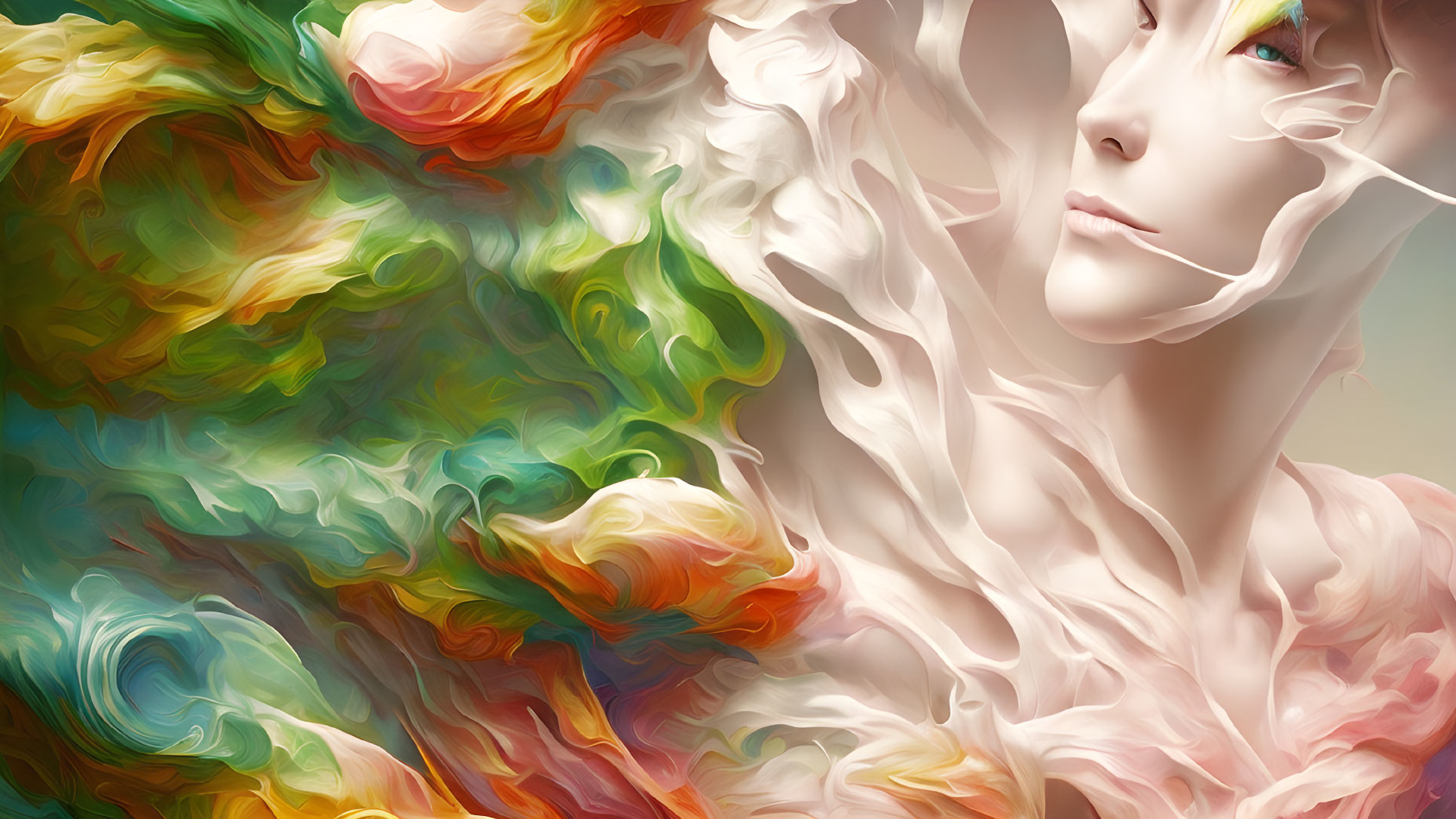 Vibrant Abstract Portrait with Serene Face Amidst Colorful Swirls