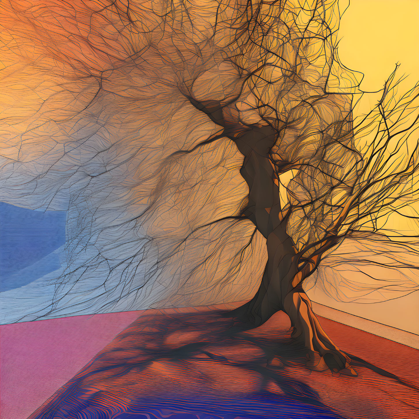 Abstract bare tree graphic on vibrant multicolored background