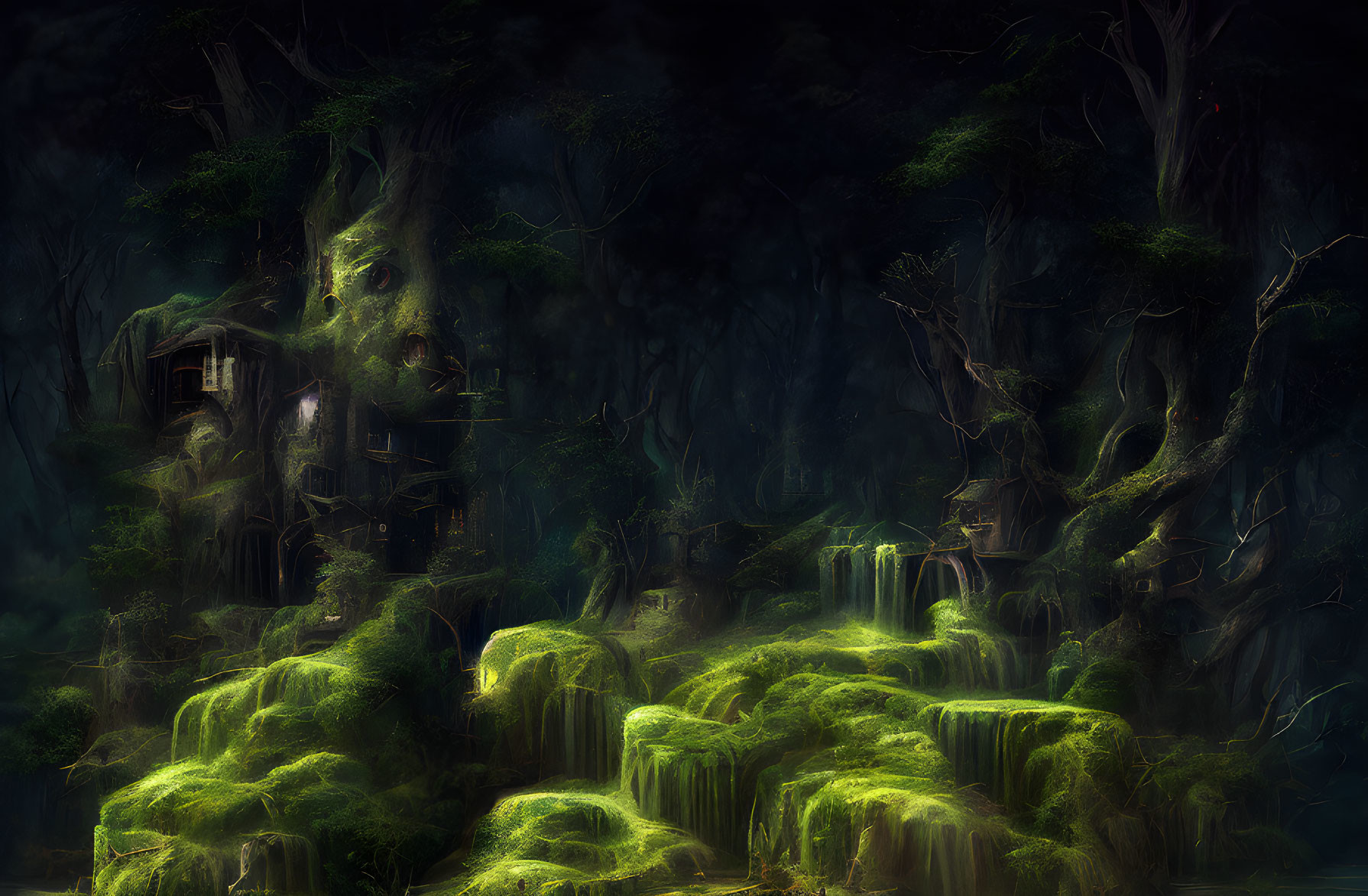 Mystical forest with luminescent moss, waterfalls, ancient trees at night