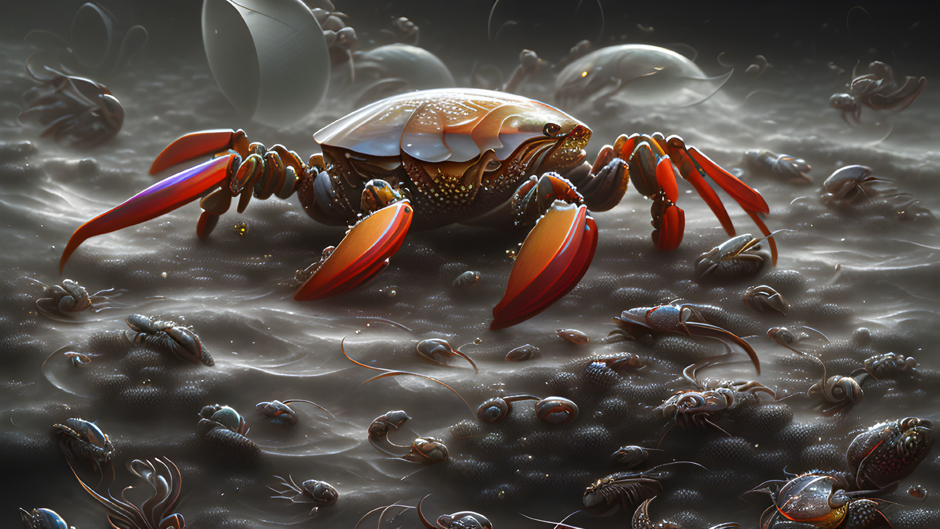 Stylized crab digital artwork with red-orange limbs on dimly lit surface