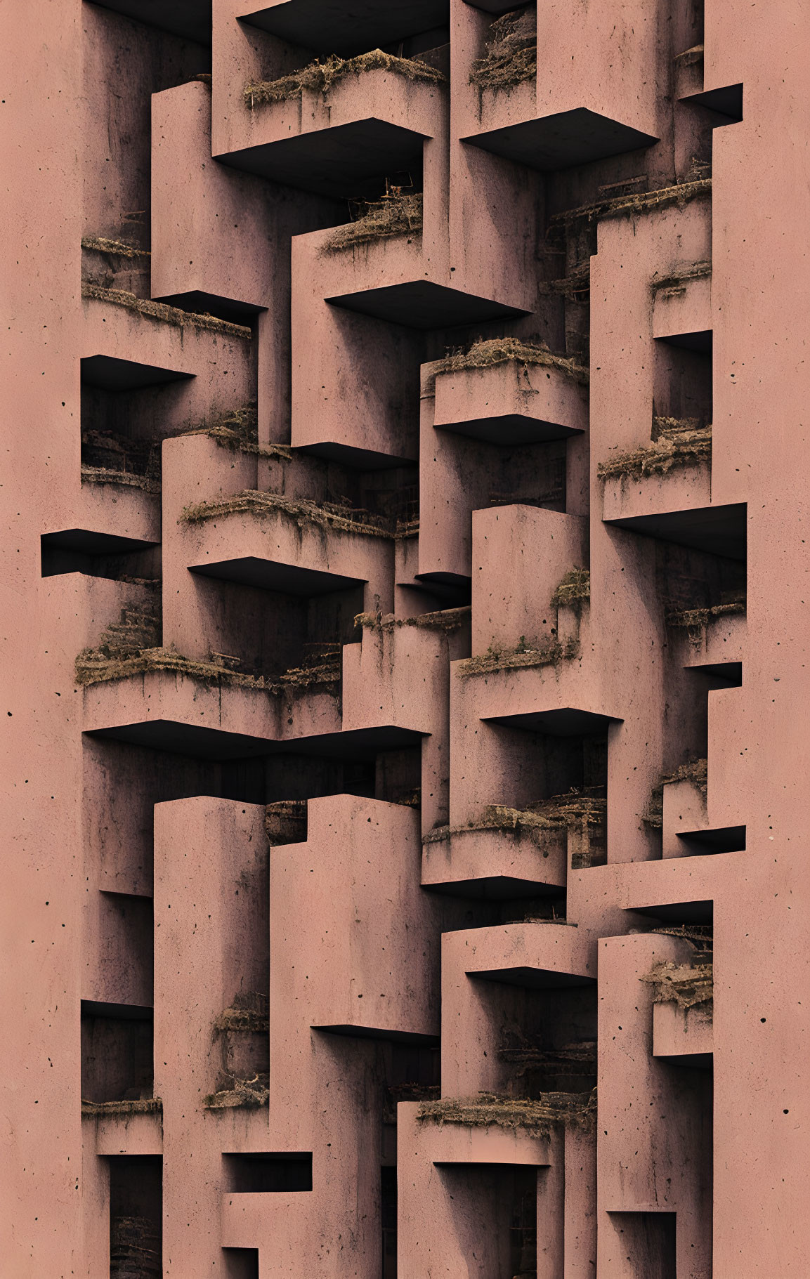 Weathered Pink Concrete Building with Rectangular Protrusions and Balconies