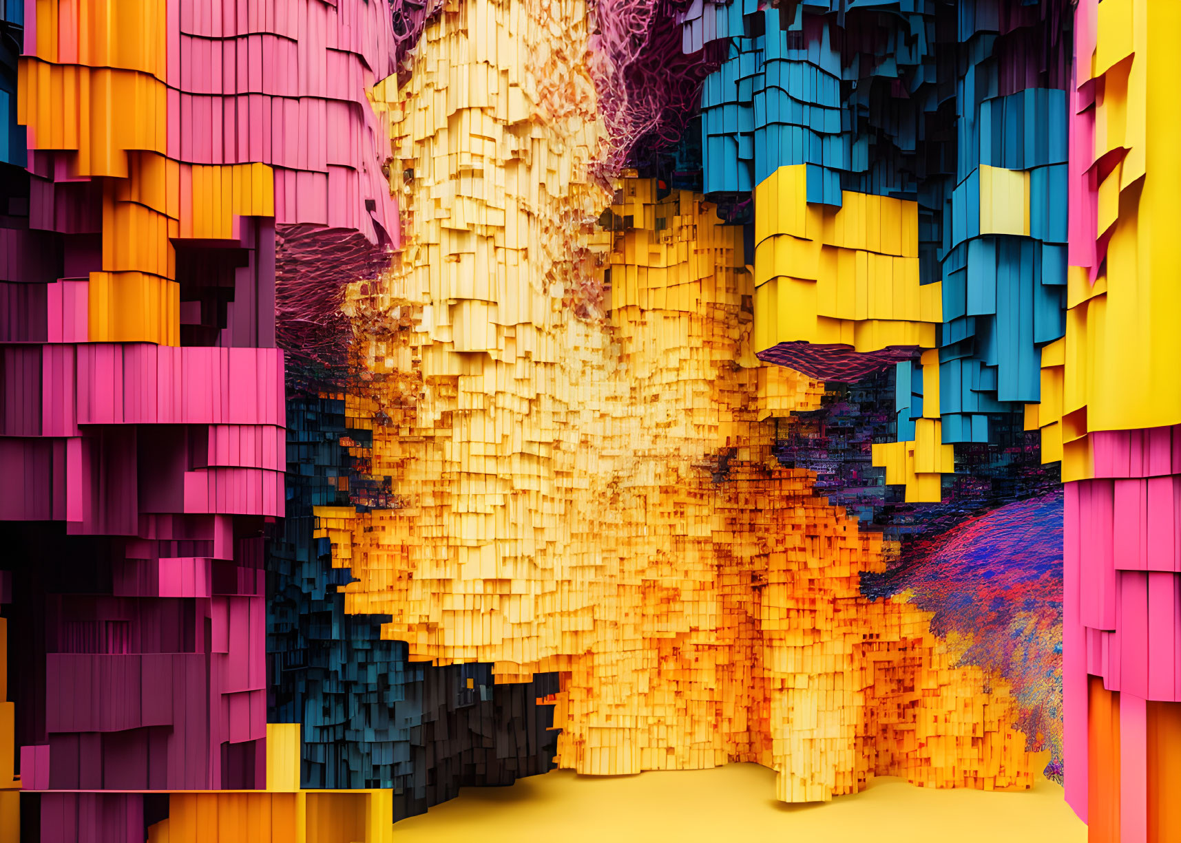 Vibrant 3D abstract rendering with multicolored blocks in canyon structure