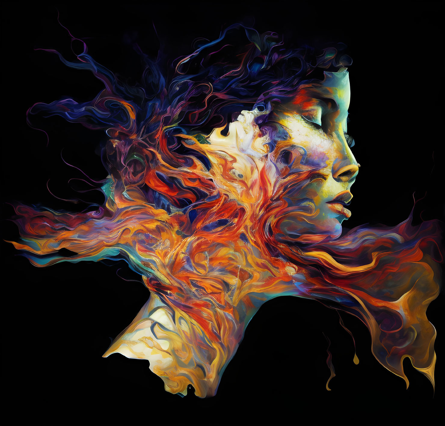 Colorful flame-like hair digital artwork of a woman on black background