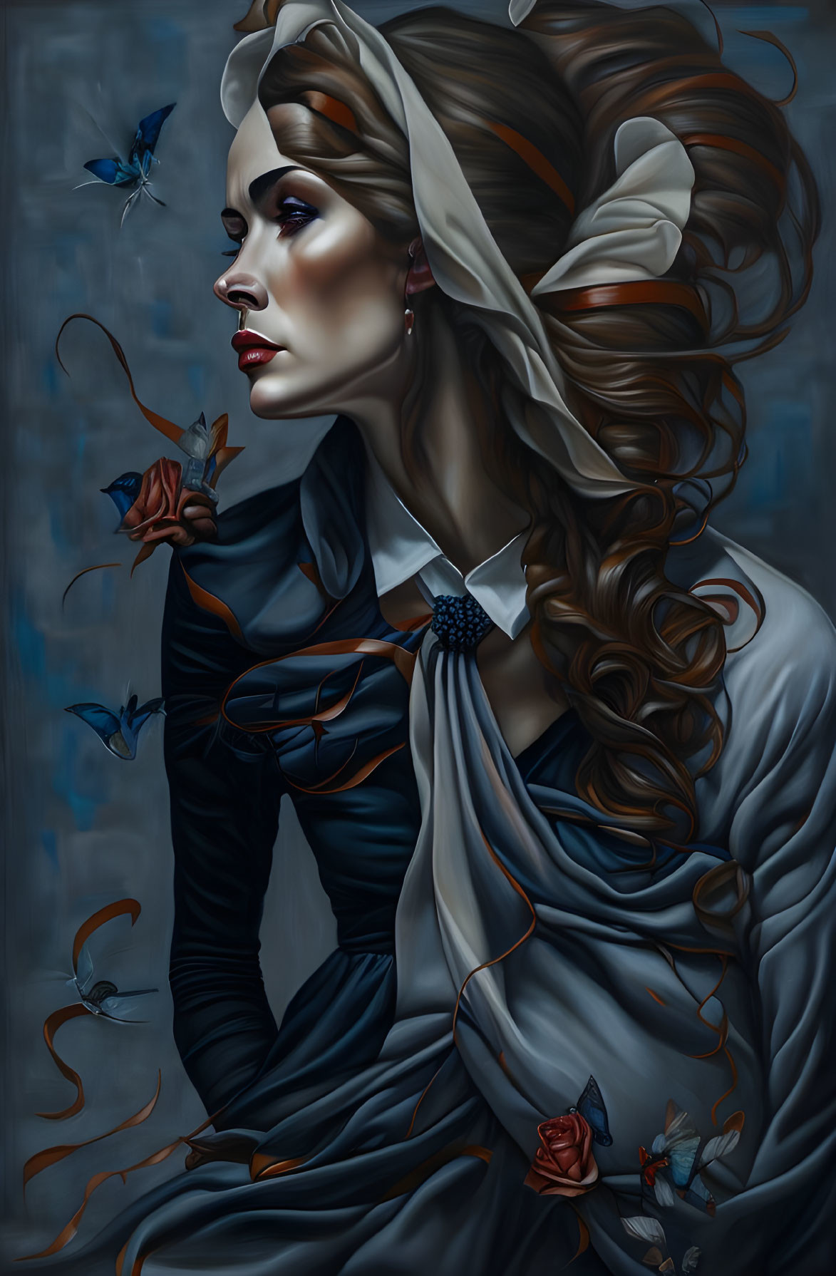 Surreal painting of woman with flowing hair and clothes, roses, butterflies in blue tones