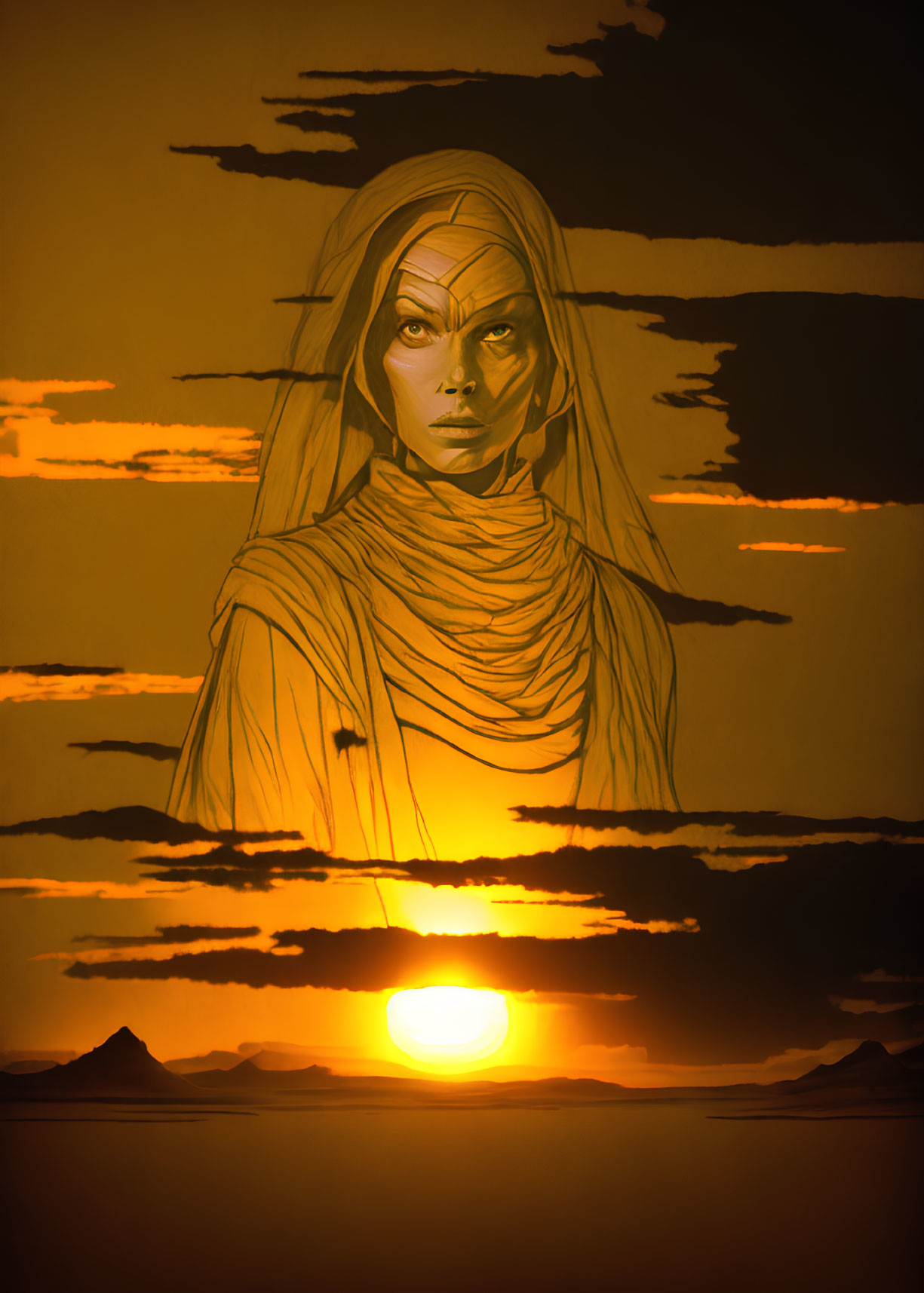 Intense-eyed figure in desert landscape at sunset