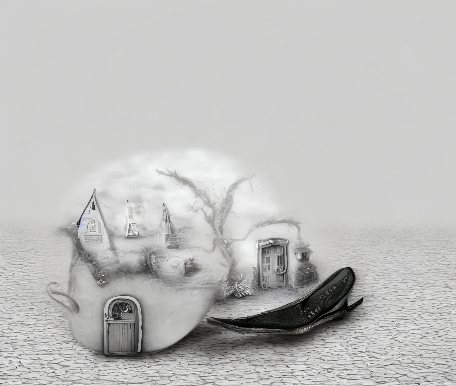 Monochrome surreal artwork: cracked eggshell, whimsical village, barren trees, antique shoe