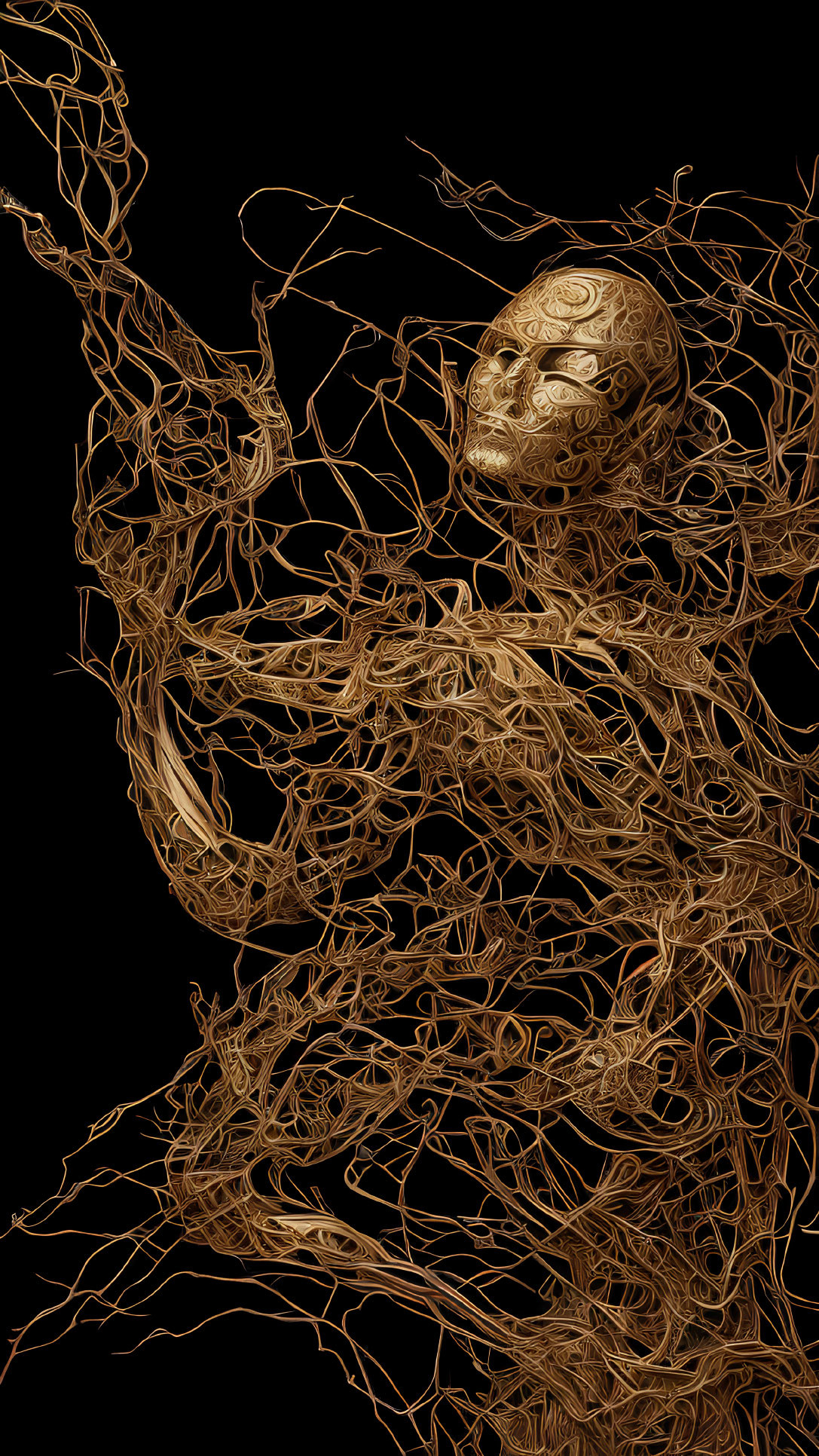 Golden figure with patterned face and flowing lines on black background