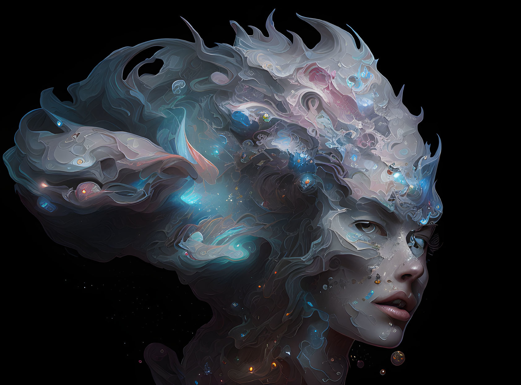 Surreal portrait of woman merging with cosmic nebula