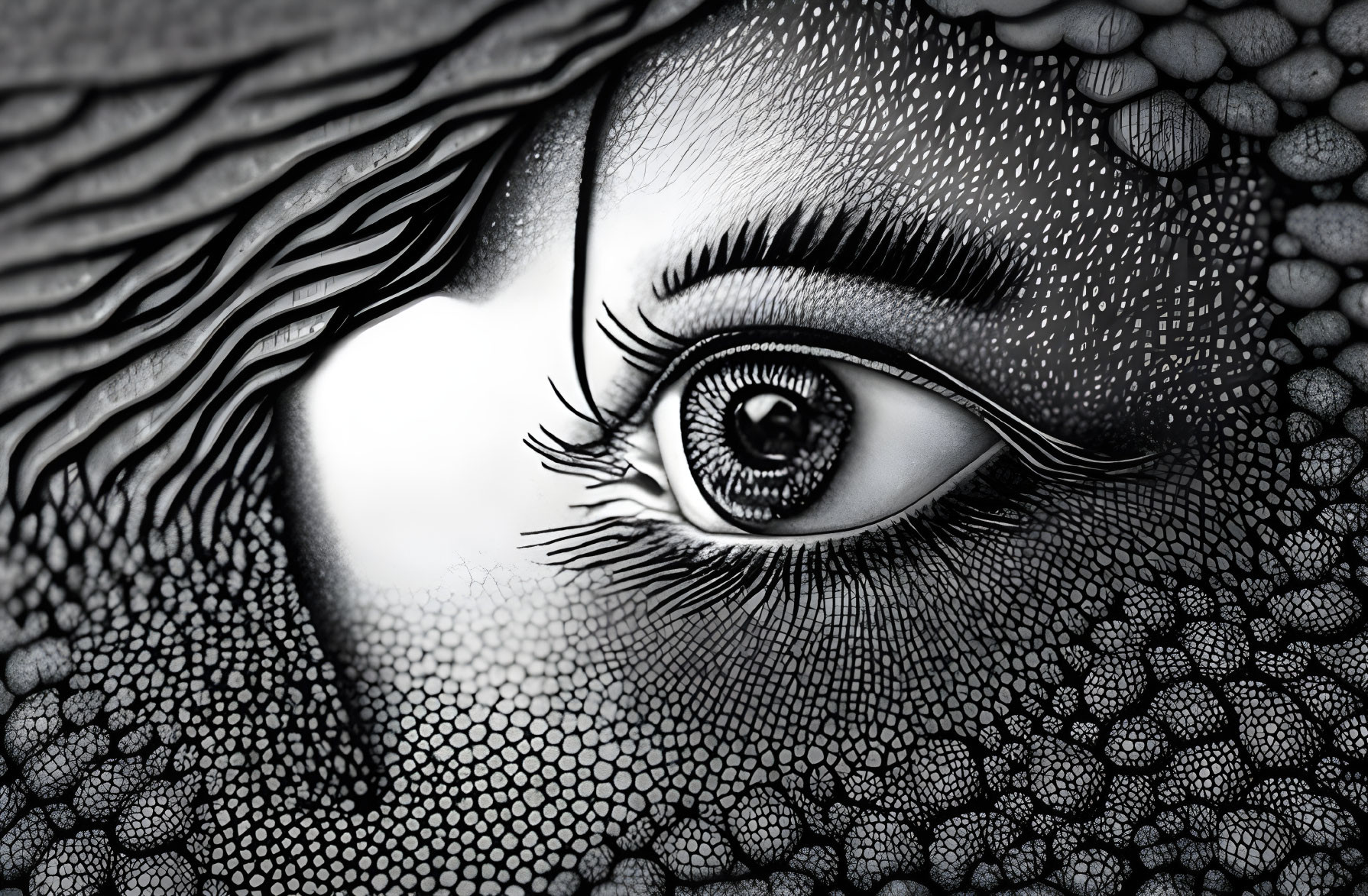 Detailed grayscale eye illustration with intricate patterns and reflective iris