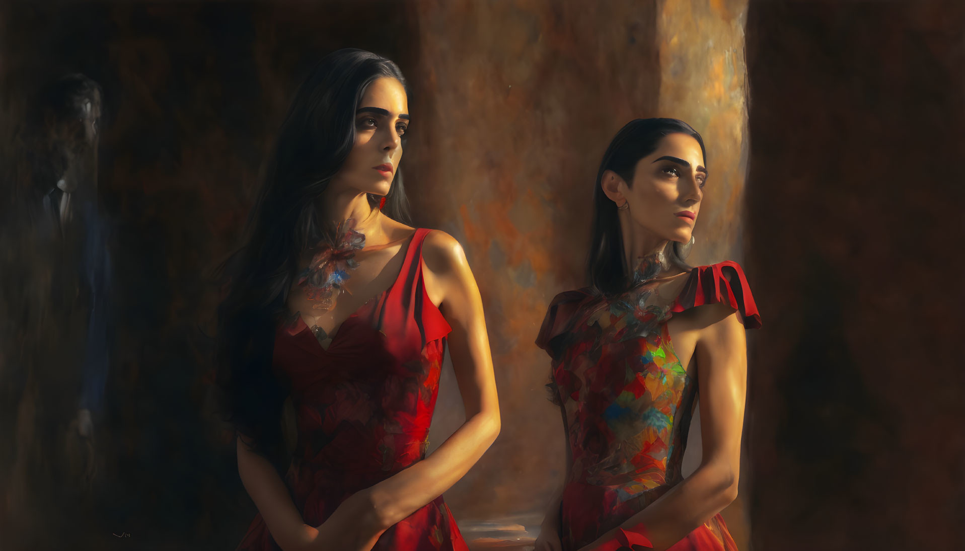 Two Women in Red Dresses with Painterly Backdrop and Shadowy Figure