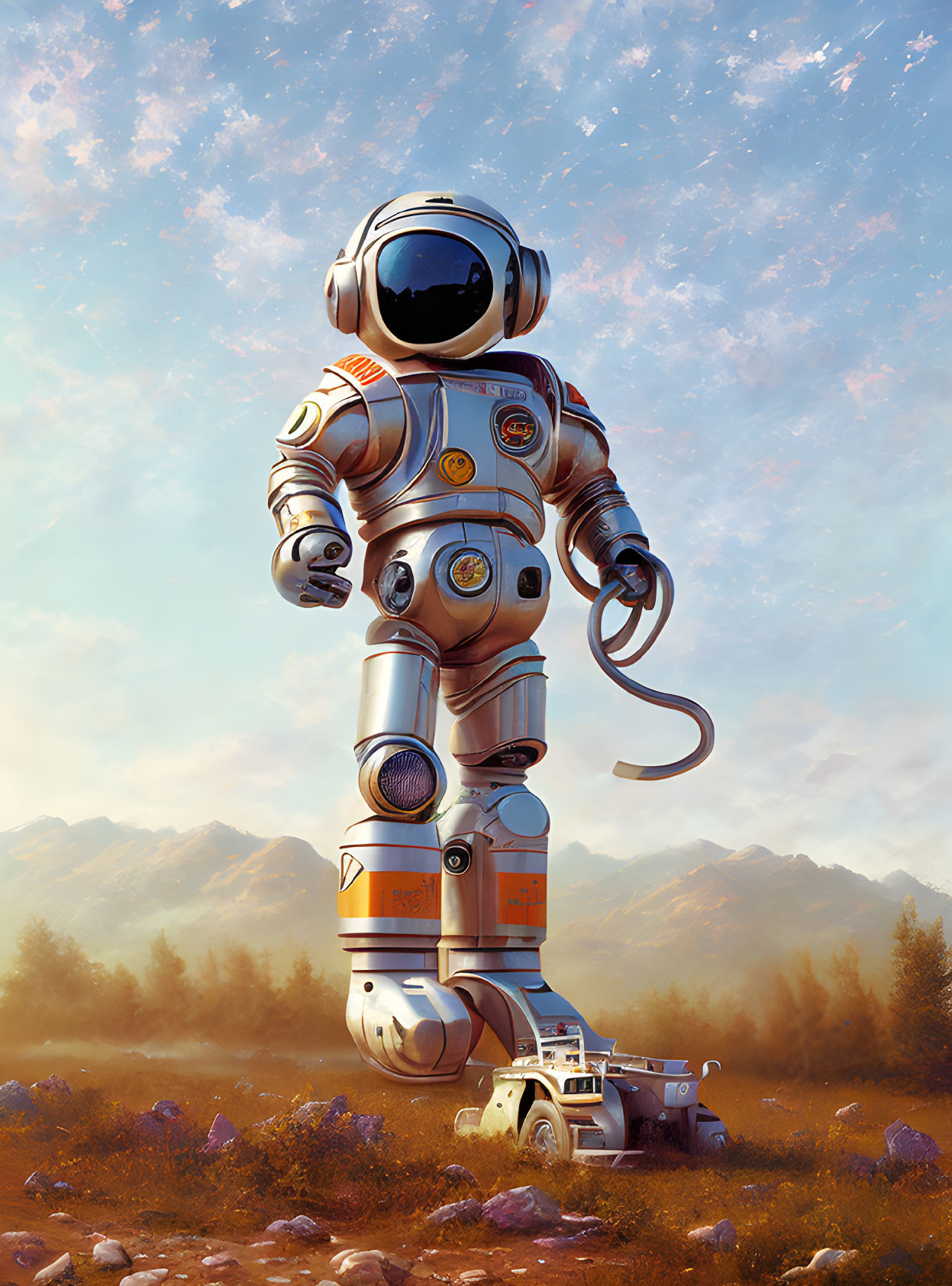 Detailed White and Orange Astronaut Suit in Serene Mountain Landscape