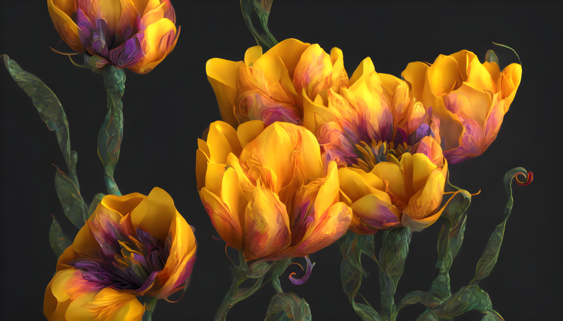 Colorful digital artwork: Yellow and purple flowers in a fantasy theme on dark backdrop