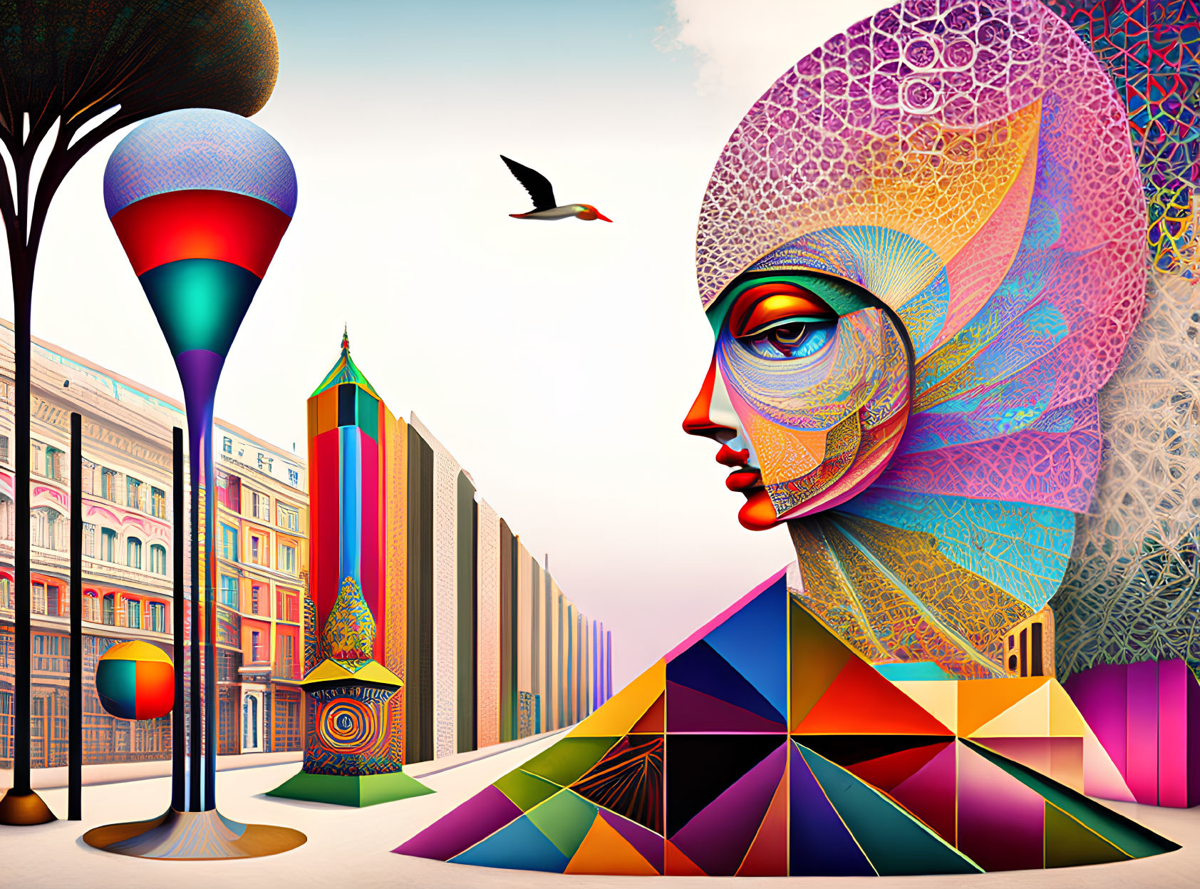 Colorful geometric mosaic human profile against abstract cityscape with bird.