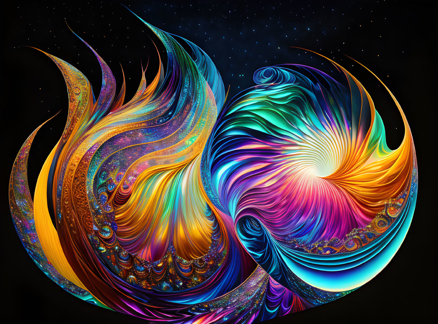 Colorful Abstract Digital Artwork with Swirling Patterns in Neon Colors