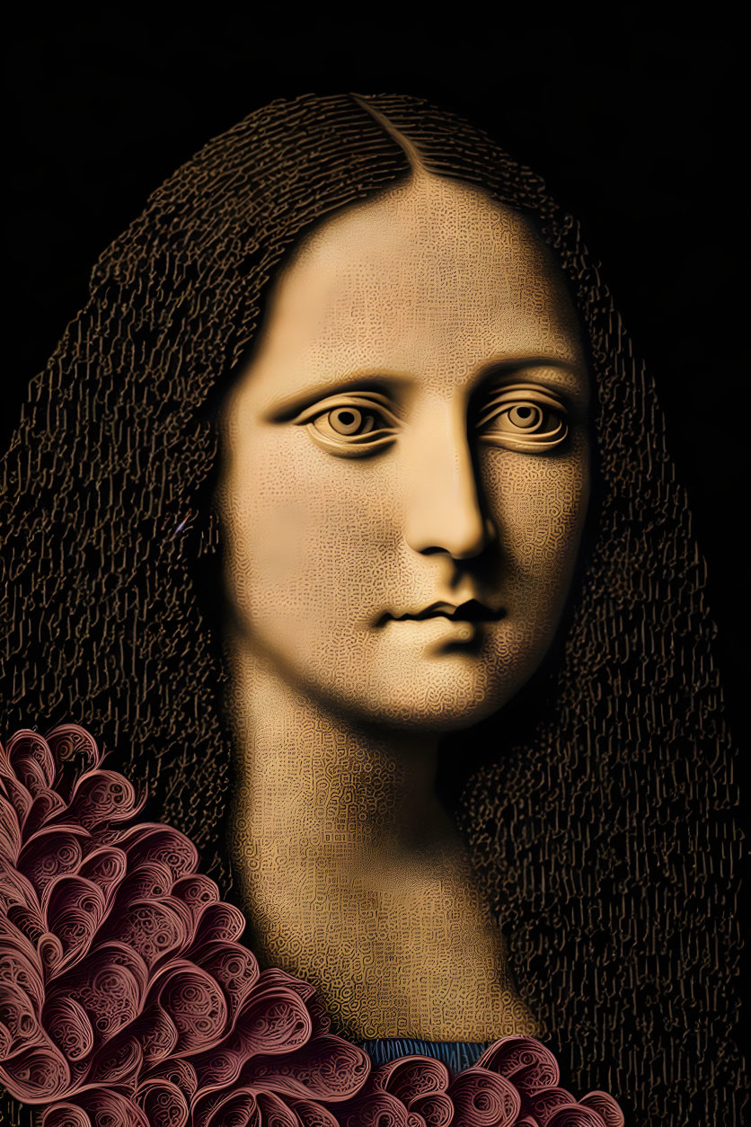 Artistic Mona Lisa with Textured Swirls on Black Background