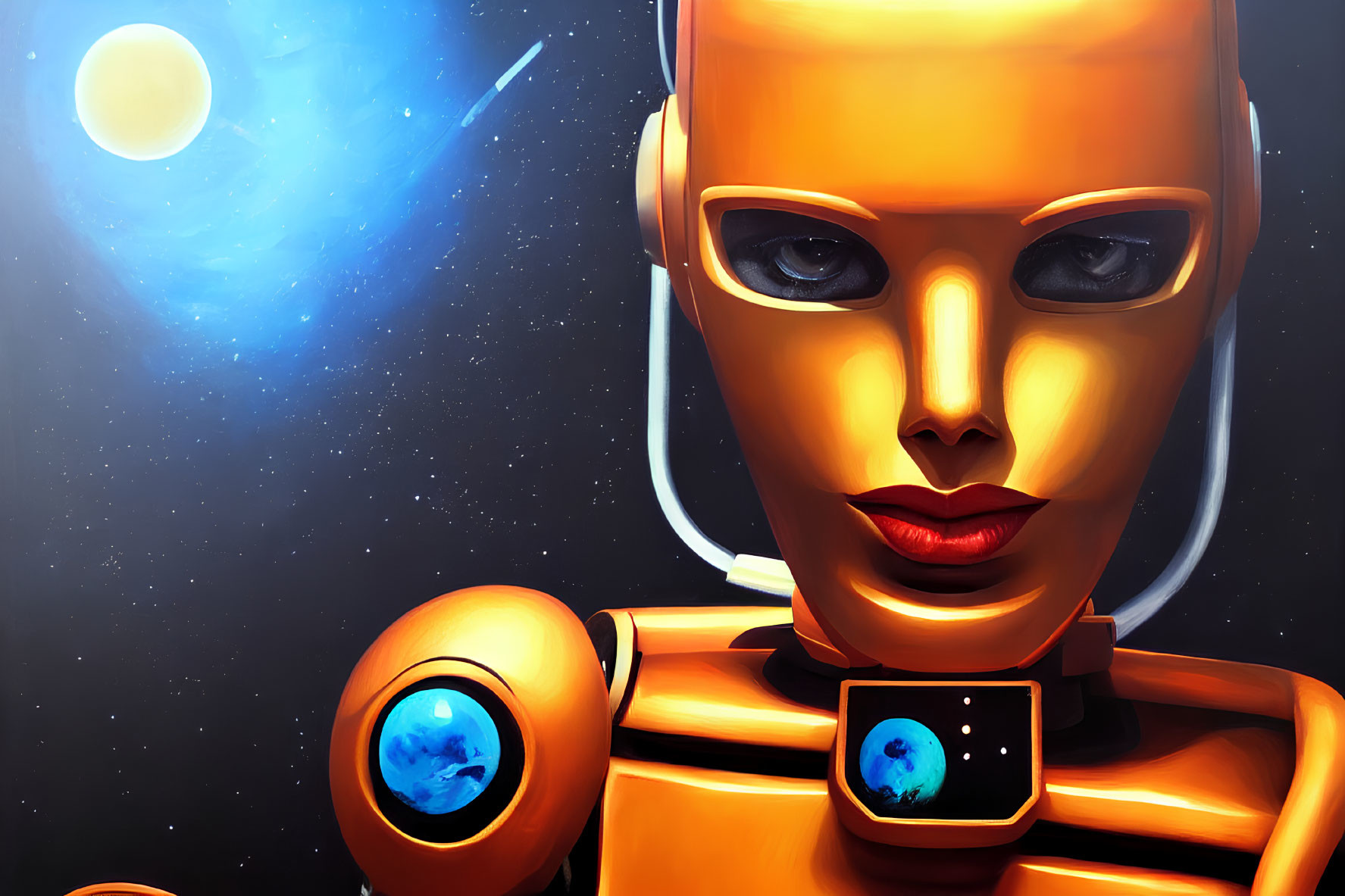 Humanoid Robot Close-Up in Glossy Orange Against Cosmic Background