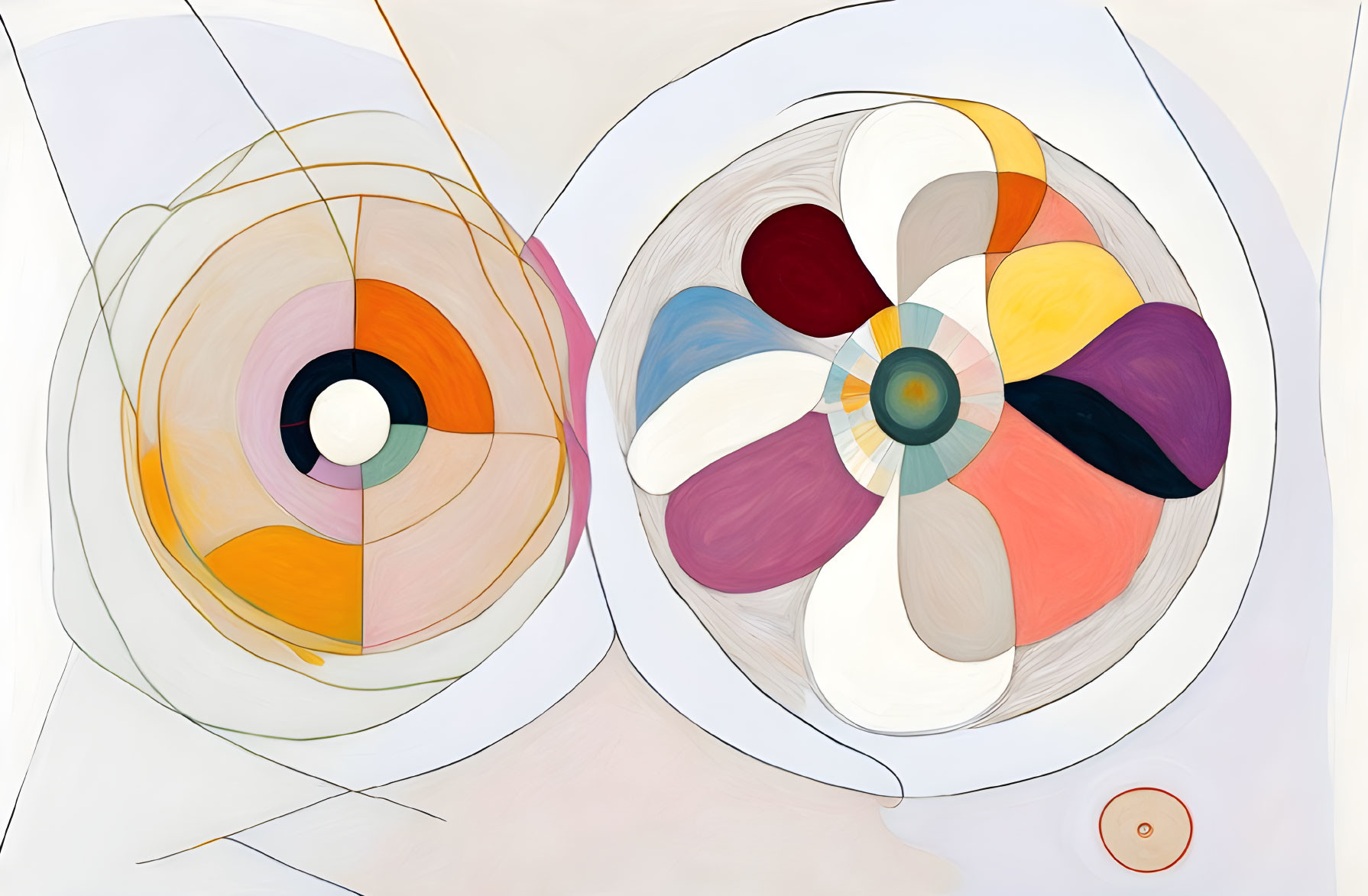 Circular, concentric abstract art with warm and cool colors