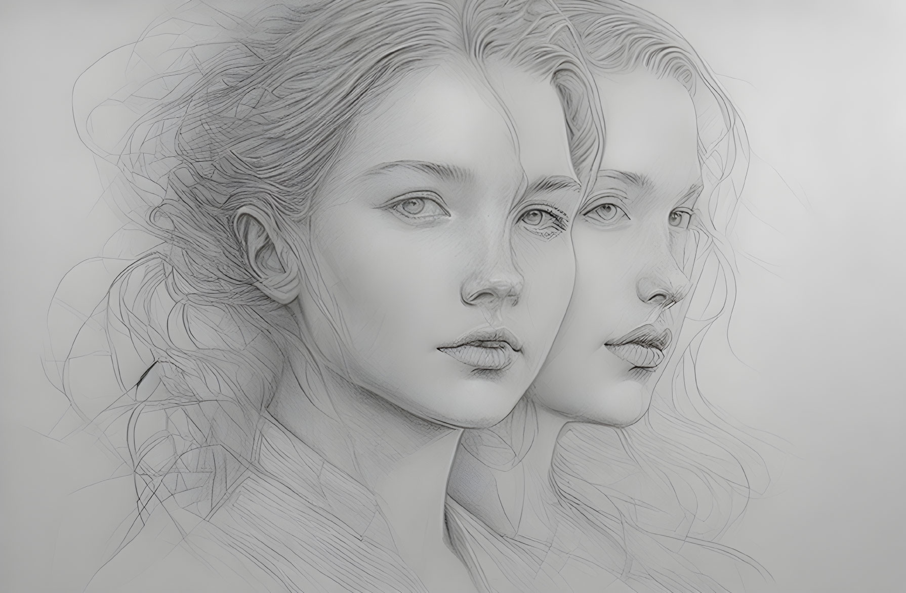 Detailed pencil sketch of two women with wispy hair, one facing forward and the other in profile,