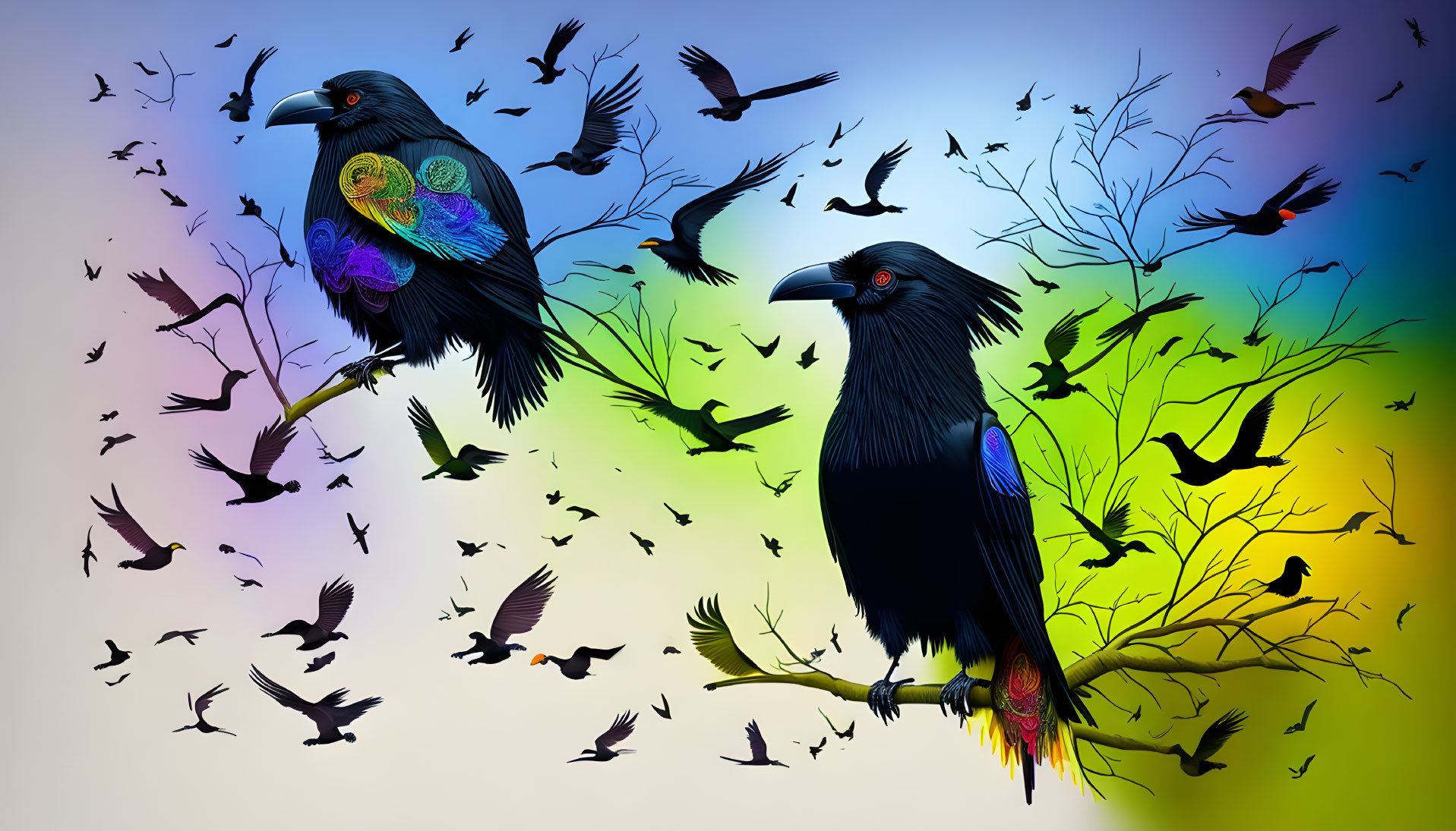 Vibrantly colored crows among flying silhouettes on gradient sky