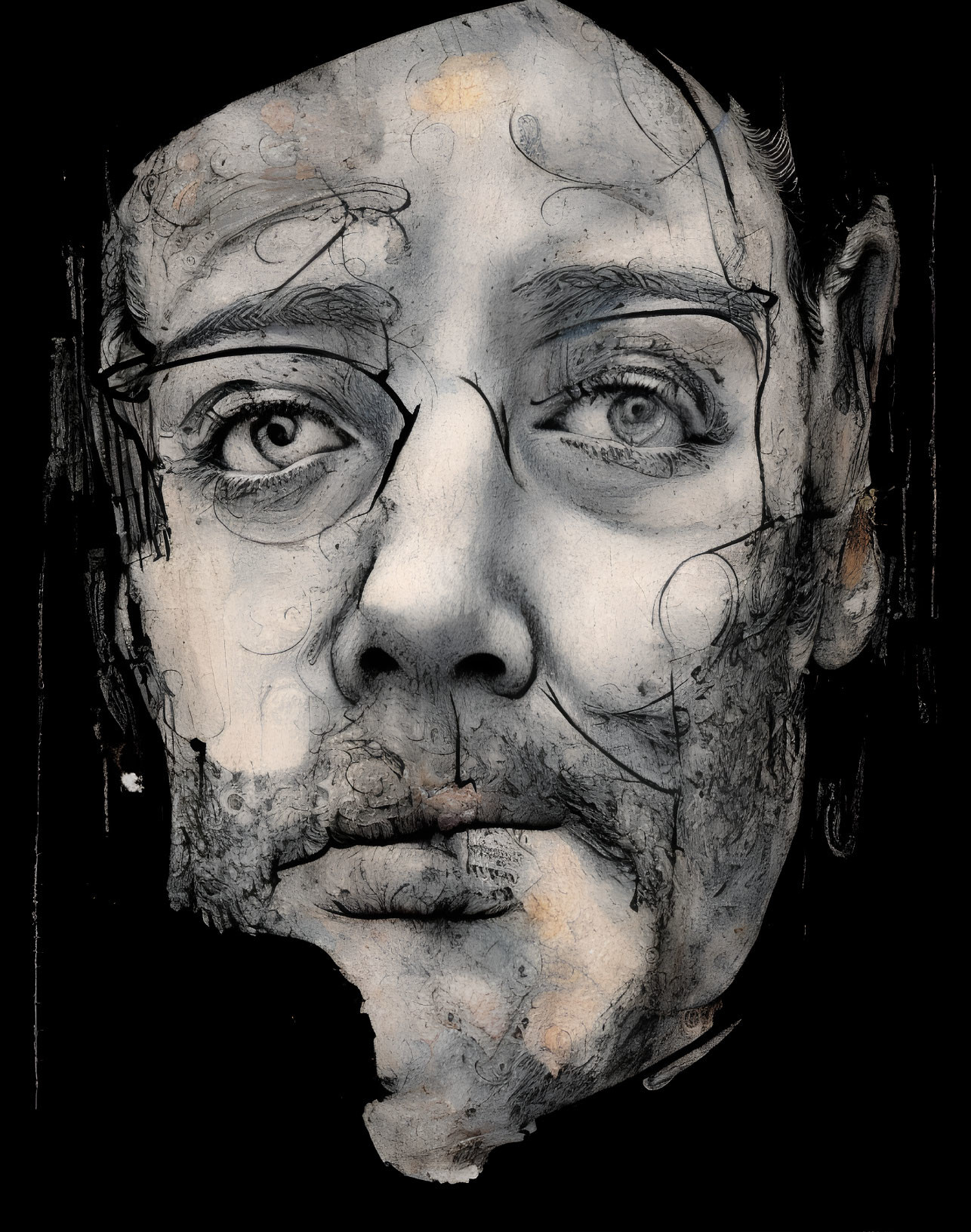 Detailed monochromatic sketch of a fragmented face with intense eyes and paint splashes