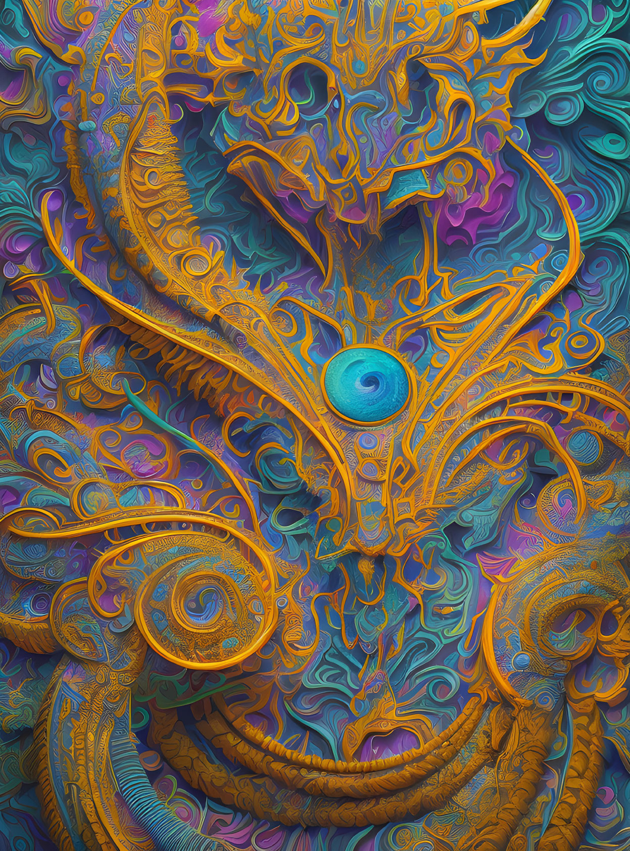 Colorful Psychedelic Digital Artwork with Blue Eye and Butterfly Wing Motif