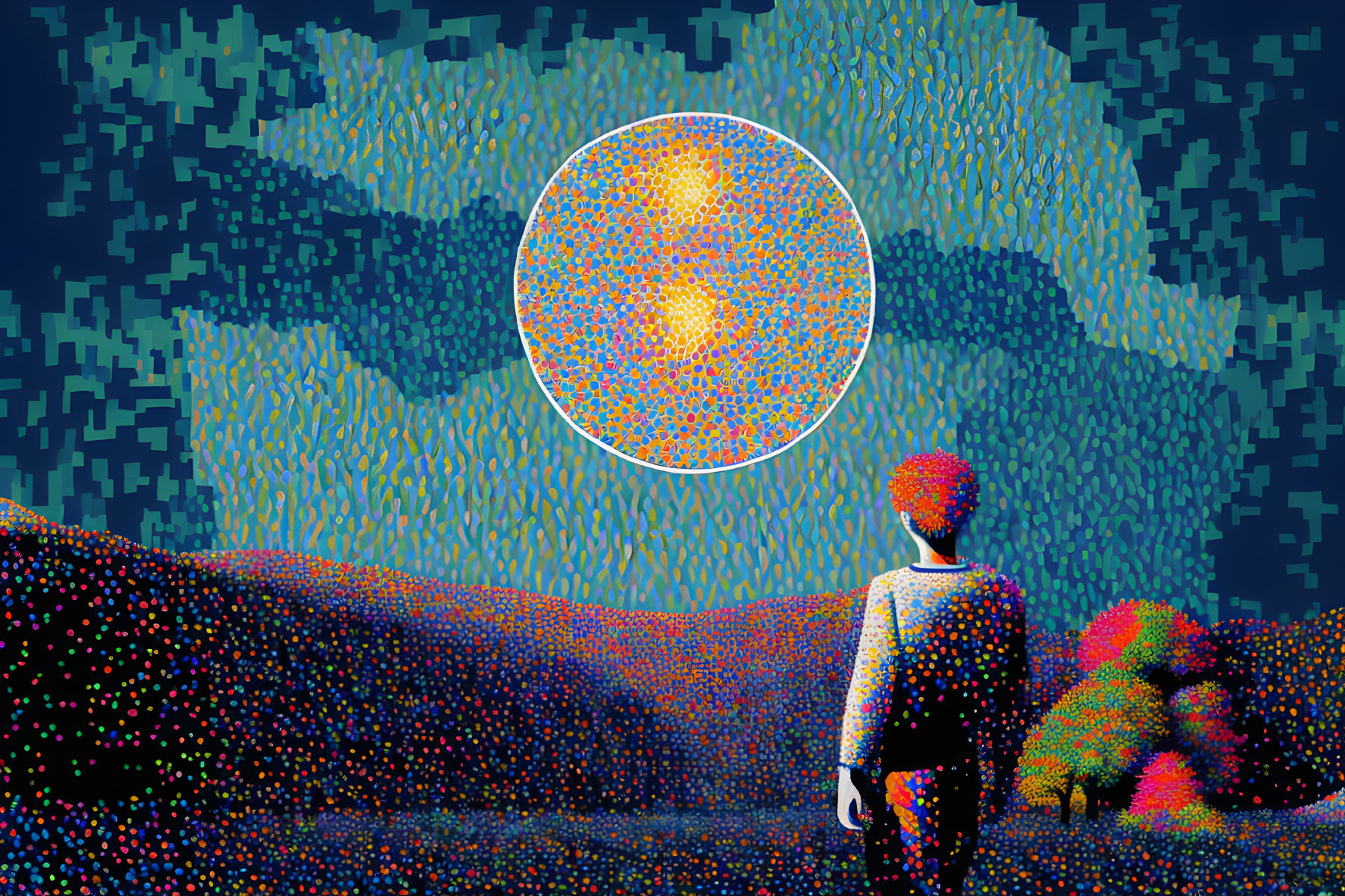 Red-haired person in pointillist landscape under starry sky