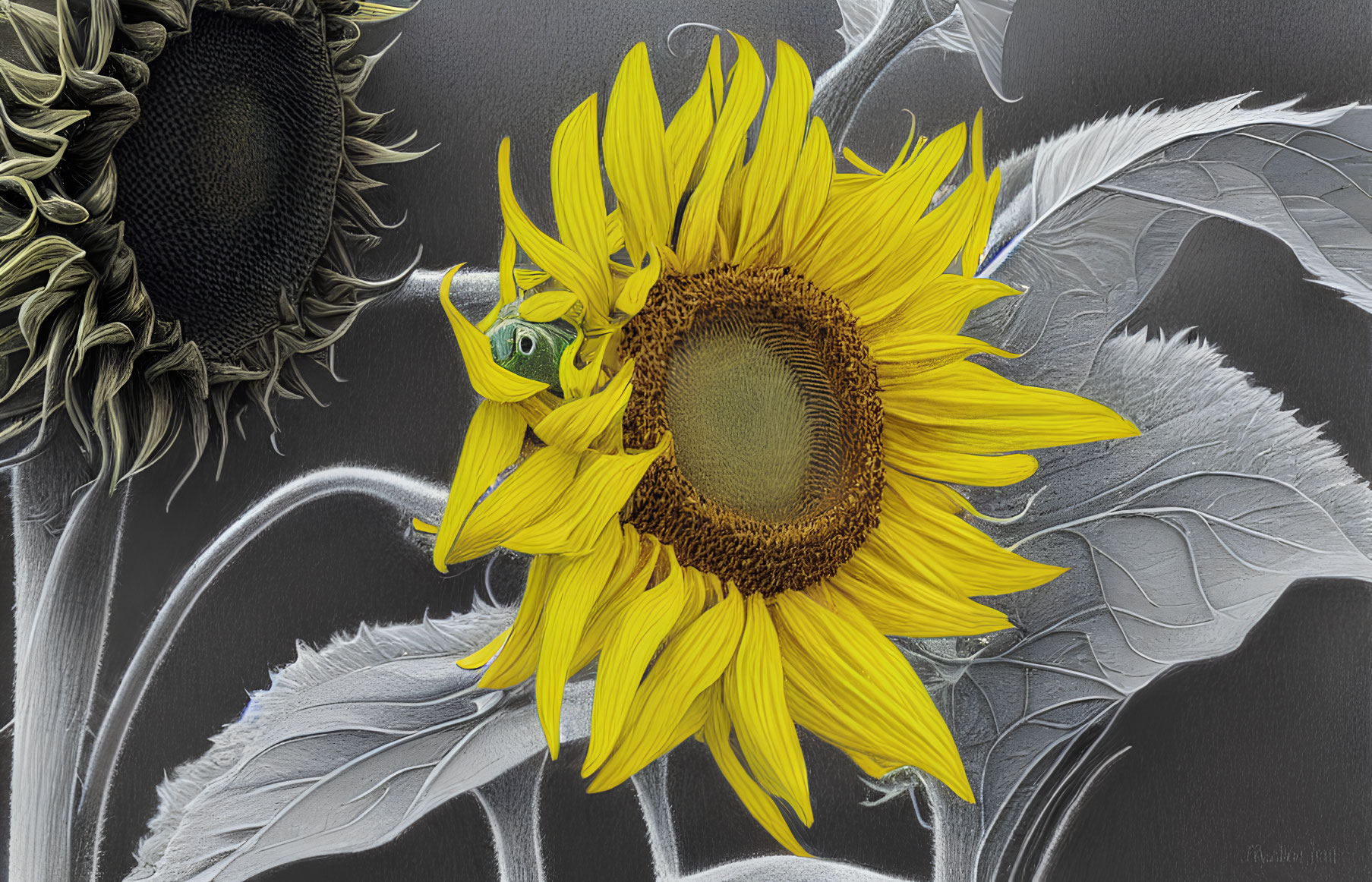 Bright yellow sunflower with green grasshopper on monochrome background