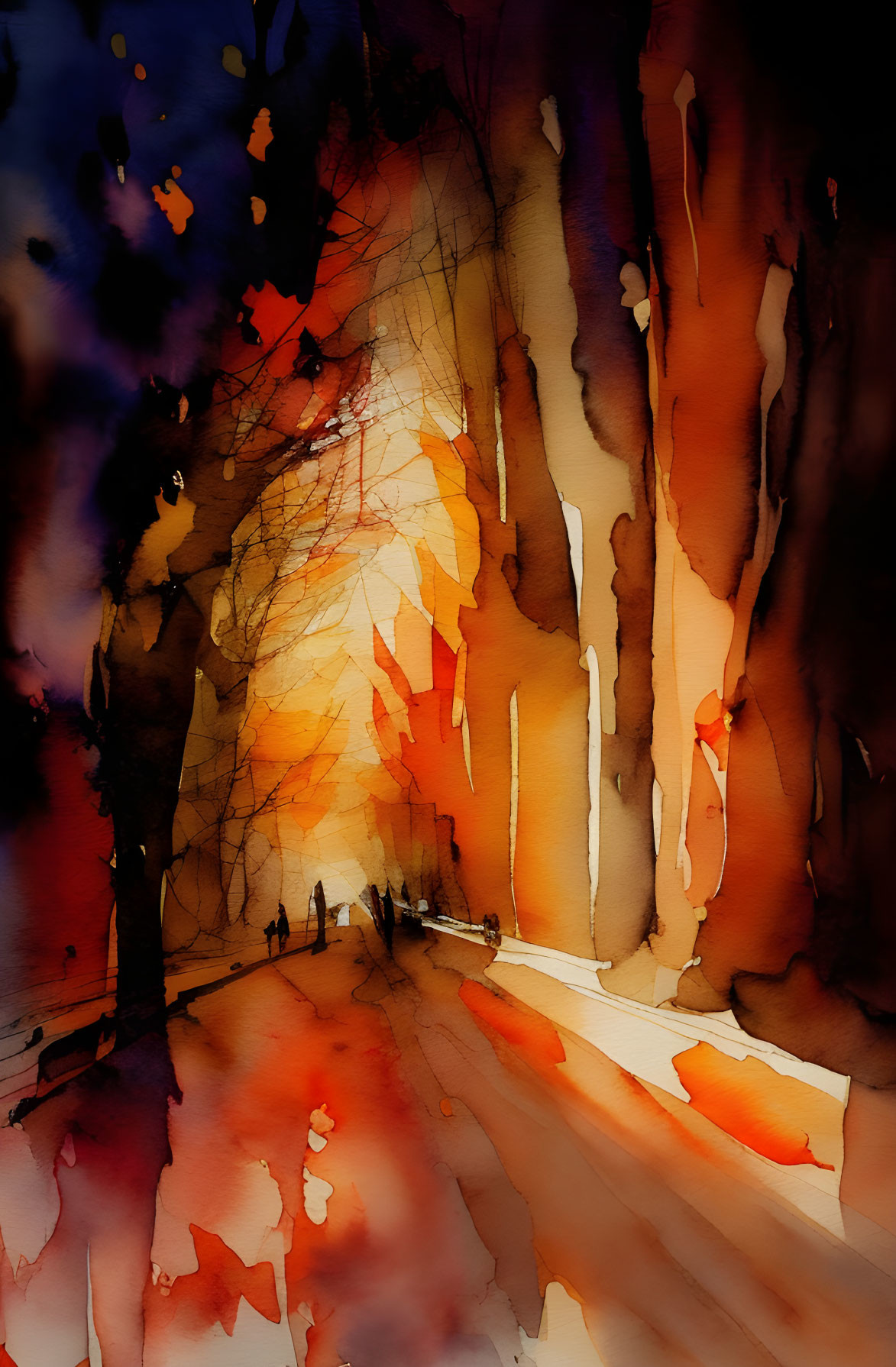 Sunlit forest path in watercolor with elongated tree shadows and distant silhouettes.