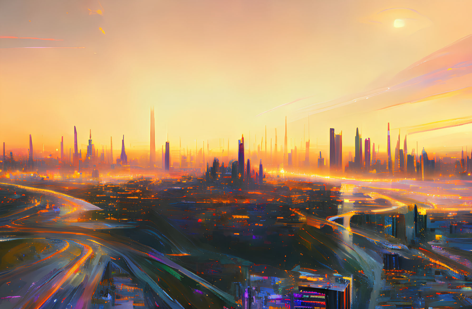 Futuristic cityscape with skyscrapers at sunset