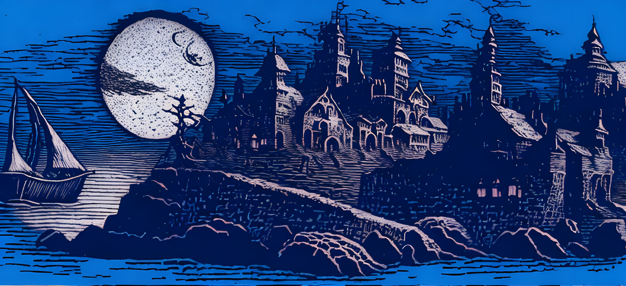 Gothic-style castle, full moon, ship in blue tones - textured illustrative style