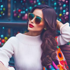 Woman with curly hair and sunglasses on bench in vibrant floral setting