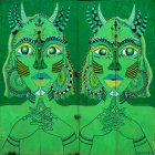 Detailed metallic humanoid figures on green patterned background