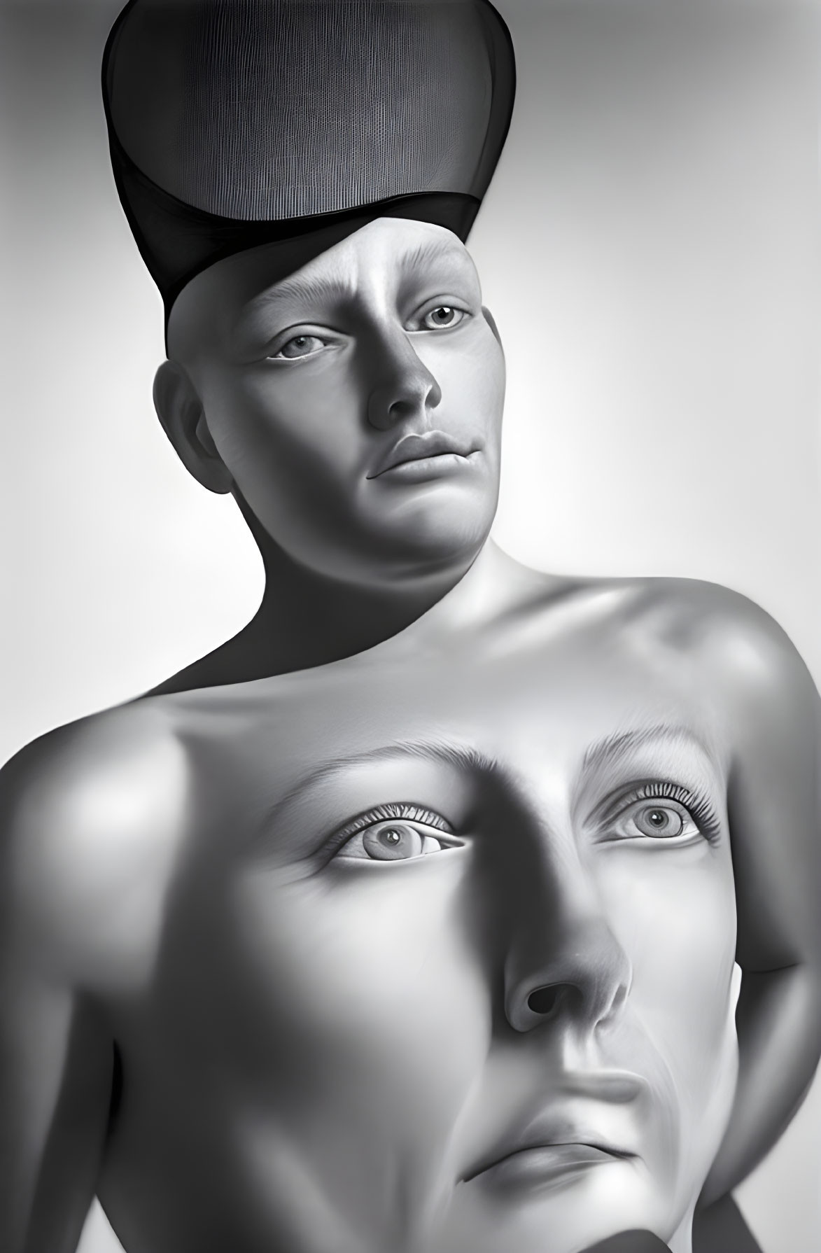 Surrealist grayscale image of person with duplicate chest eyes