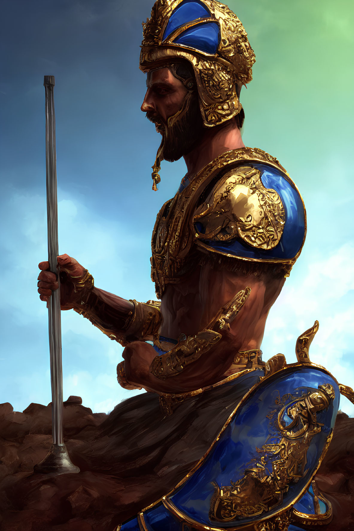 Majestic warrior in golden-blue armor with spear against cloudy sky