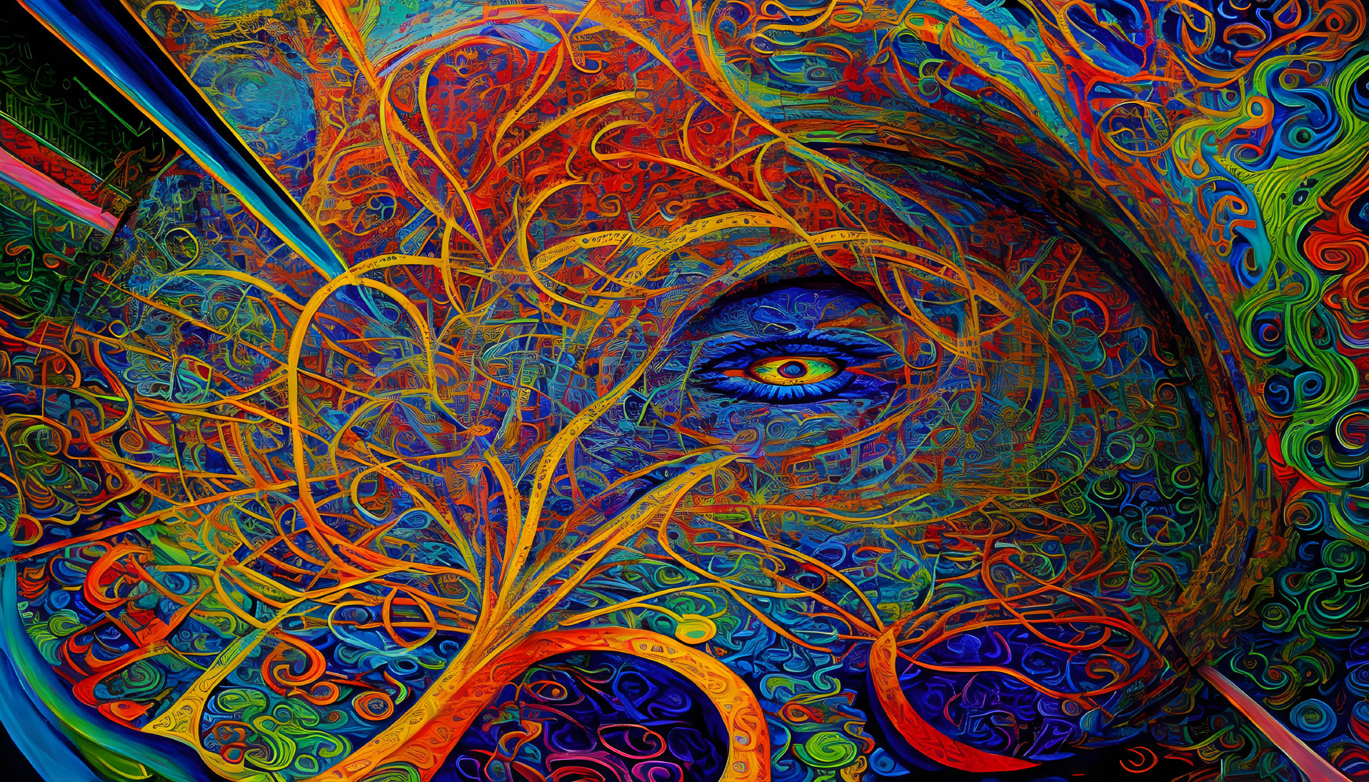 Abstract image with single blue eye in vibrant, swirling patterns.