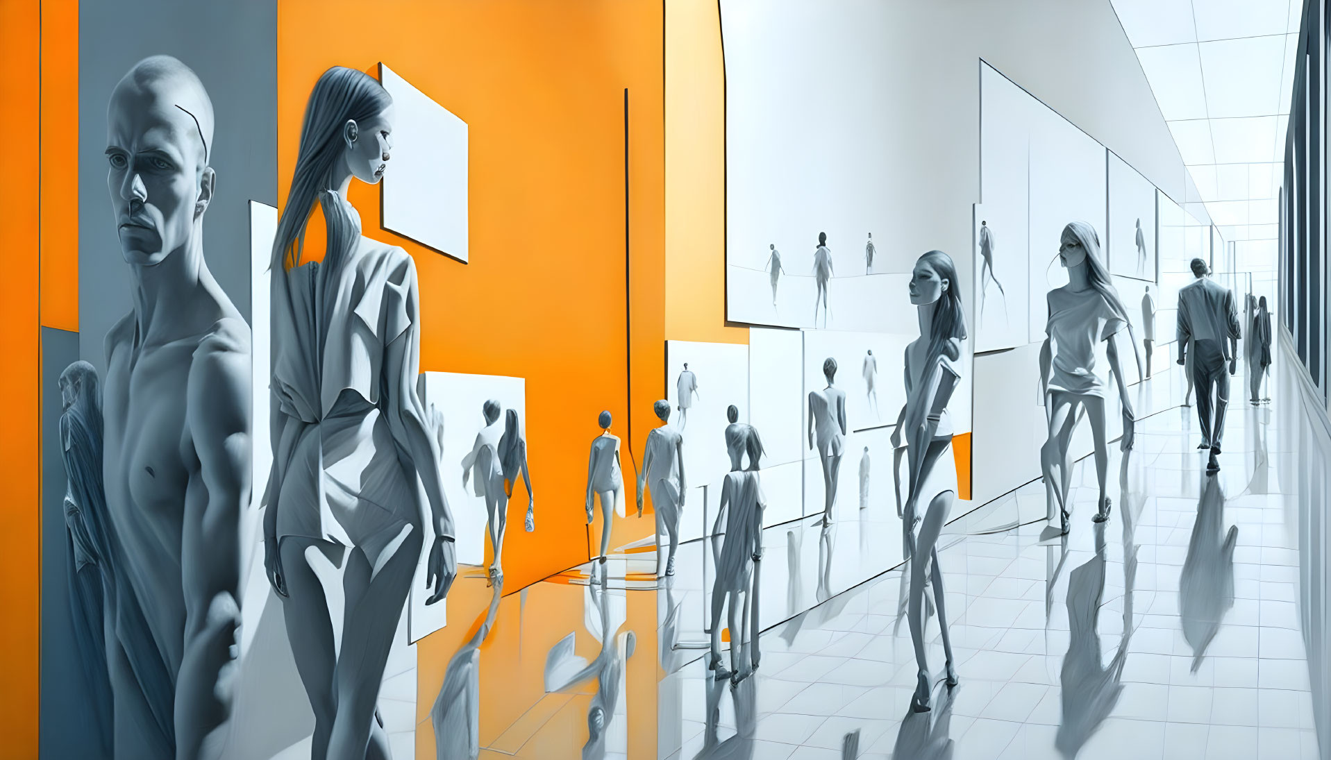 Futuristic corridor with orange and white walls, monochromatic statues, and people walking.