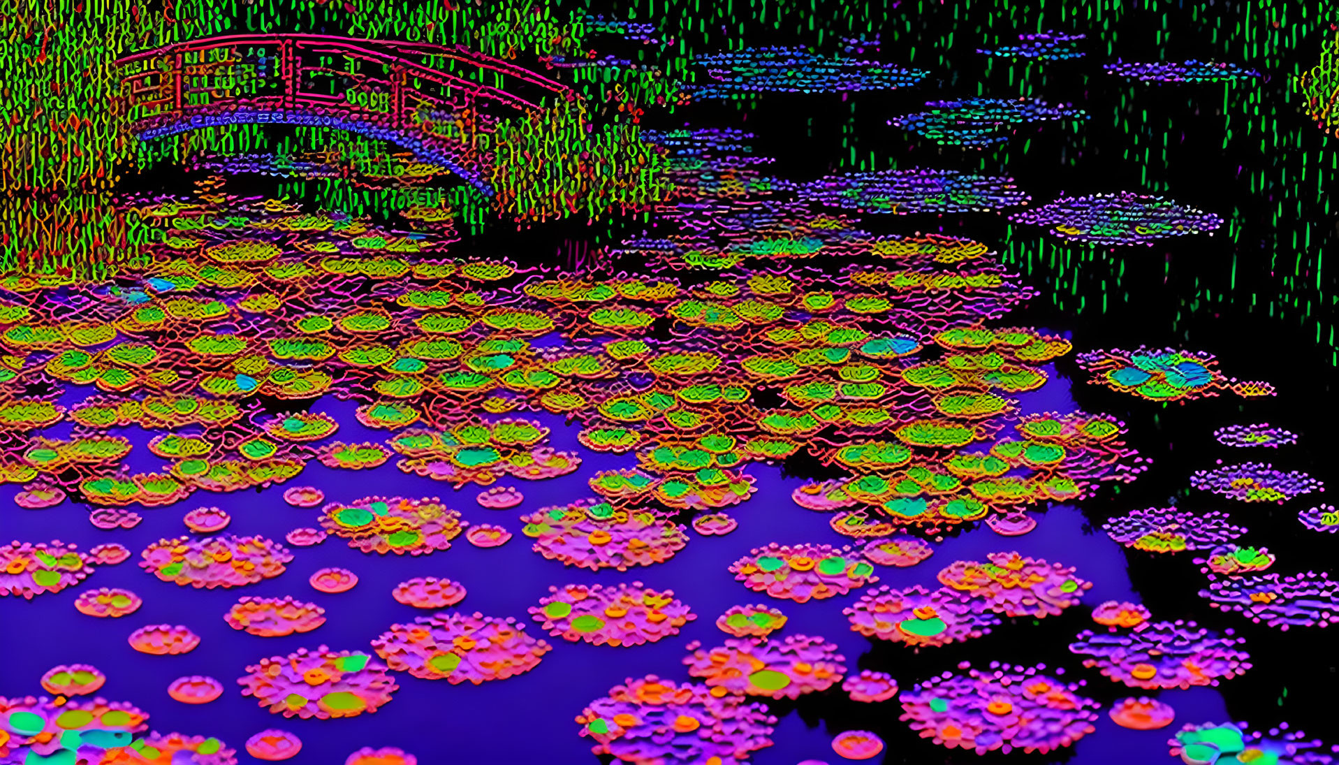 Neon digital art: Pond, lily pads, Japanese-style bridge