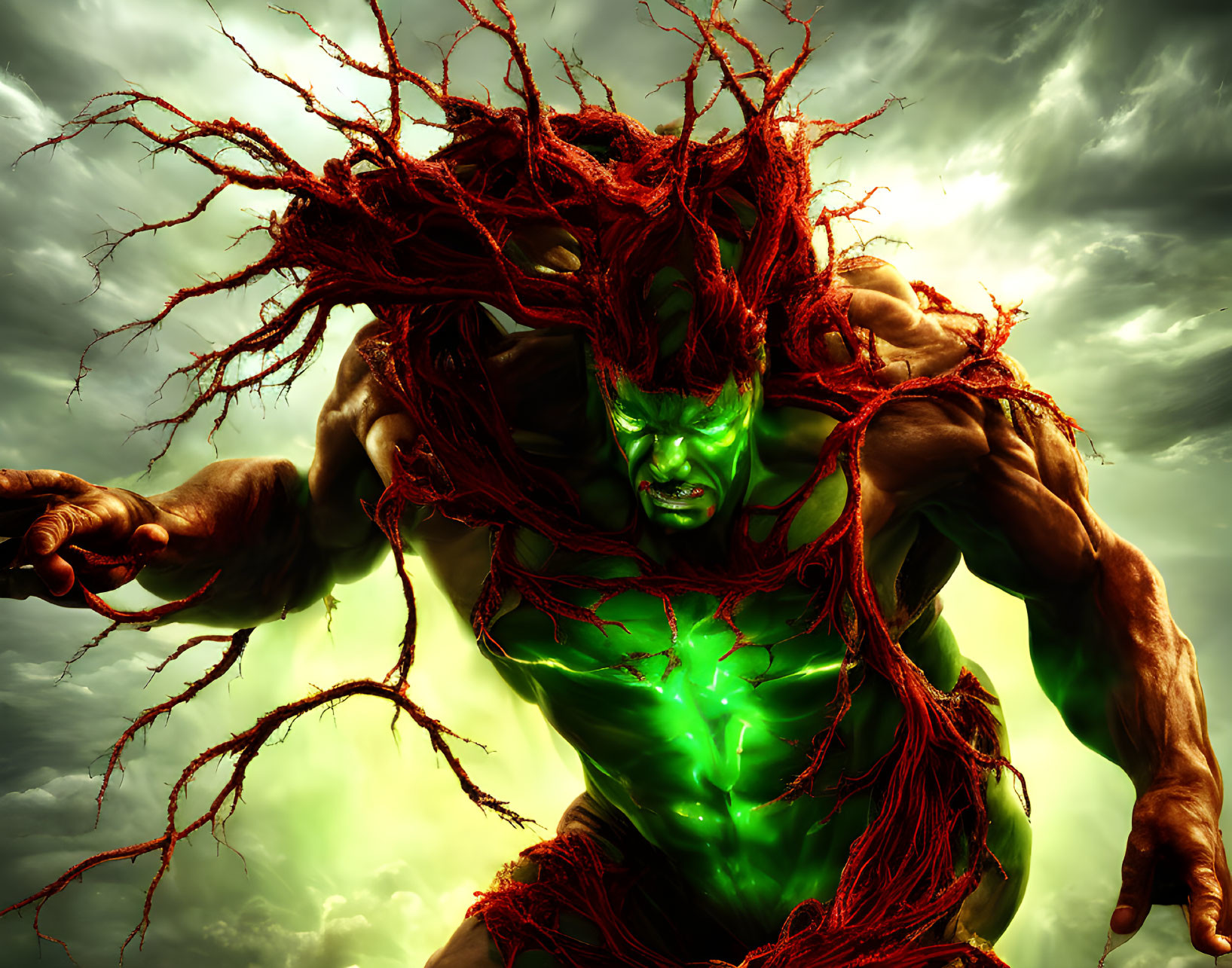 Muscular green-skinned creature with glowing veins and wild red hair roaring against stormy sky.