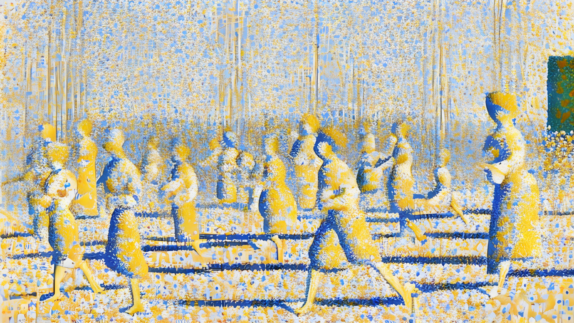 Abstract Painting of Yellow and Blue Silhouetted Figures on Textured Background