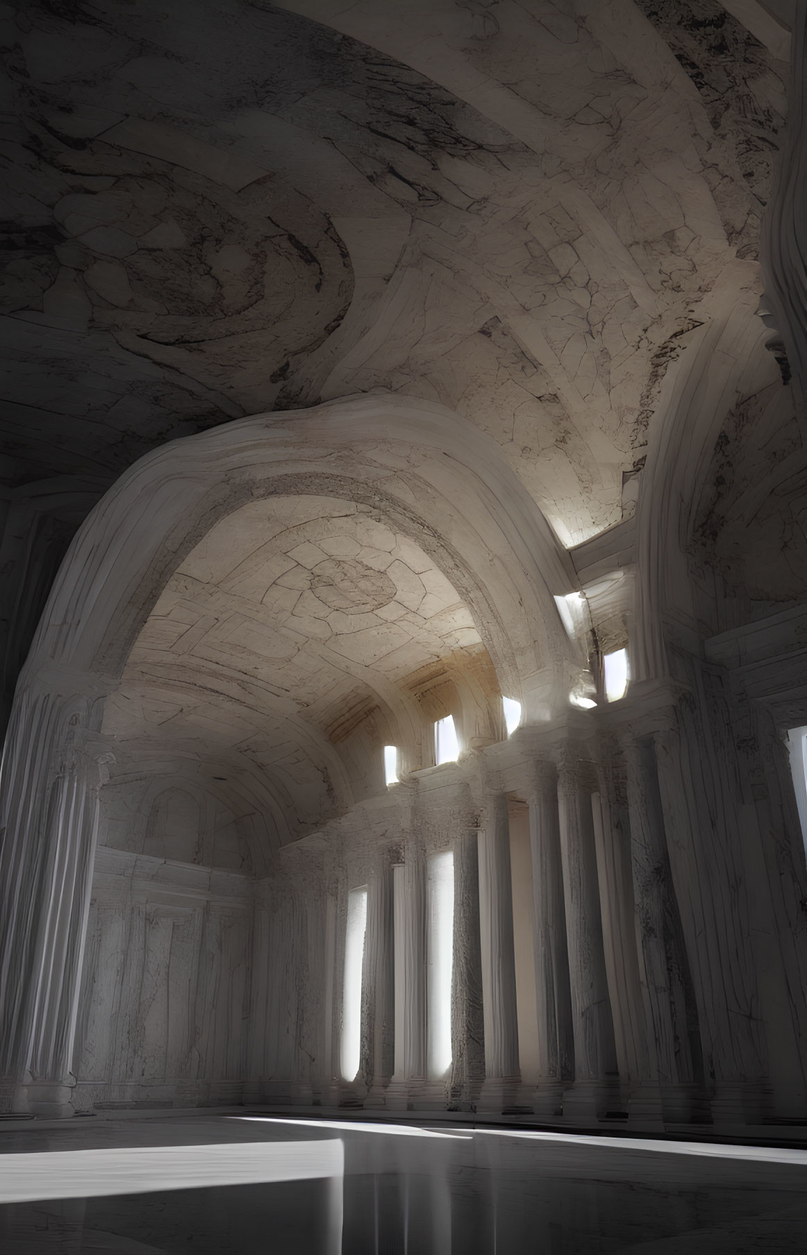 Neoclassical Building Interior with White Columns & Arched Ceilings